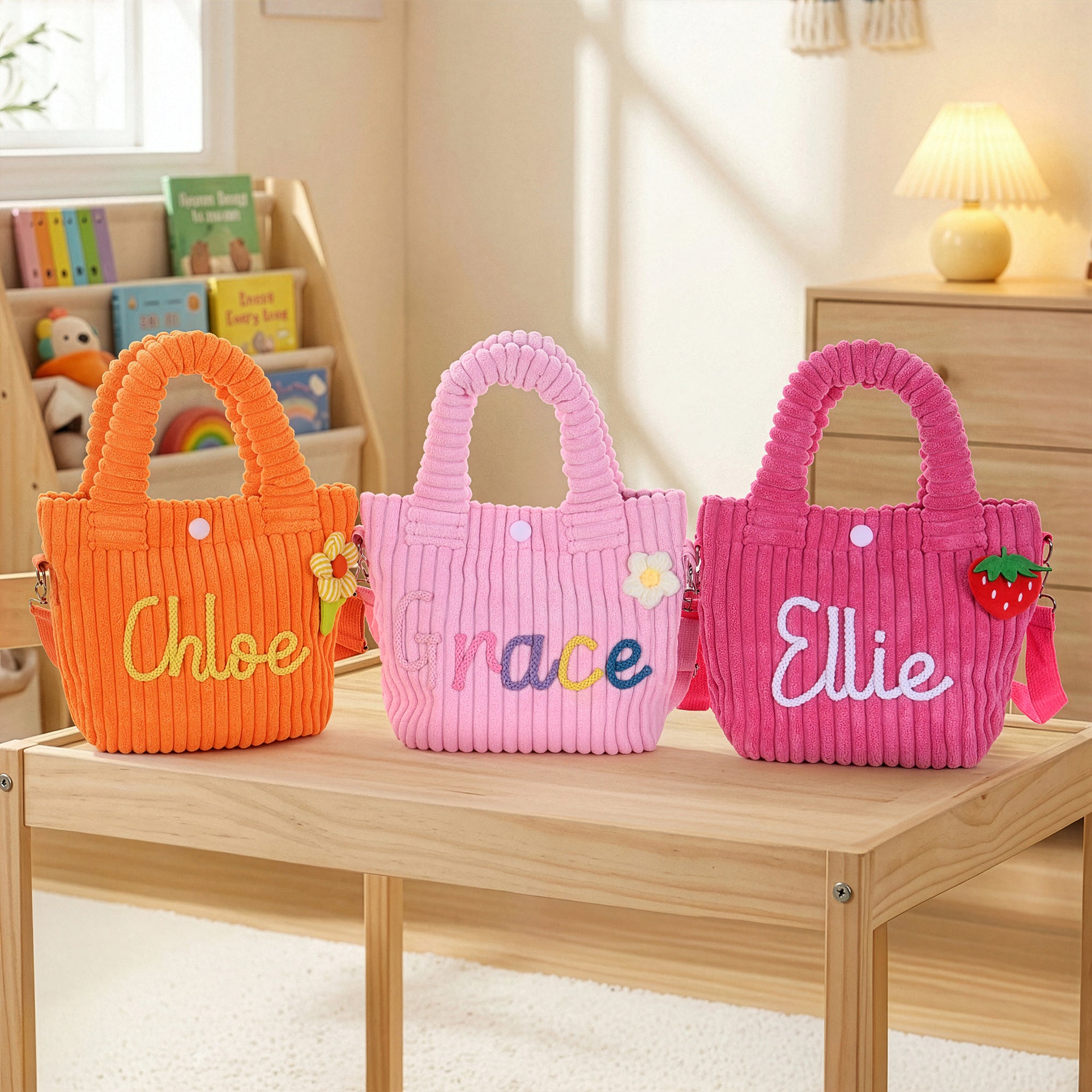Bandolera de pana personalizada bolso cruzado con linda flor piruleta fresa y nombre regalo de cumpleaños vuelta al cole para niños y chicas