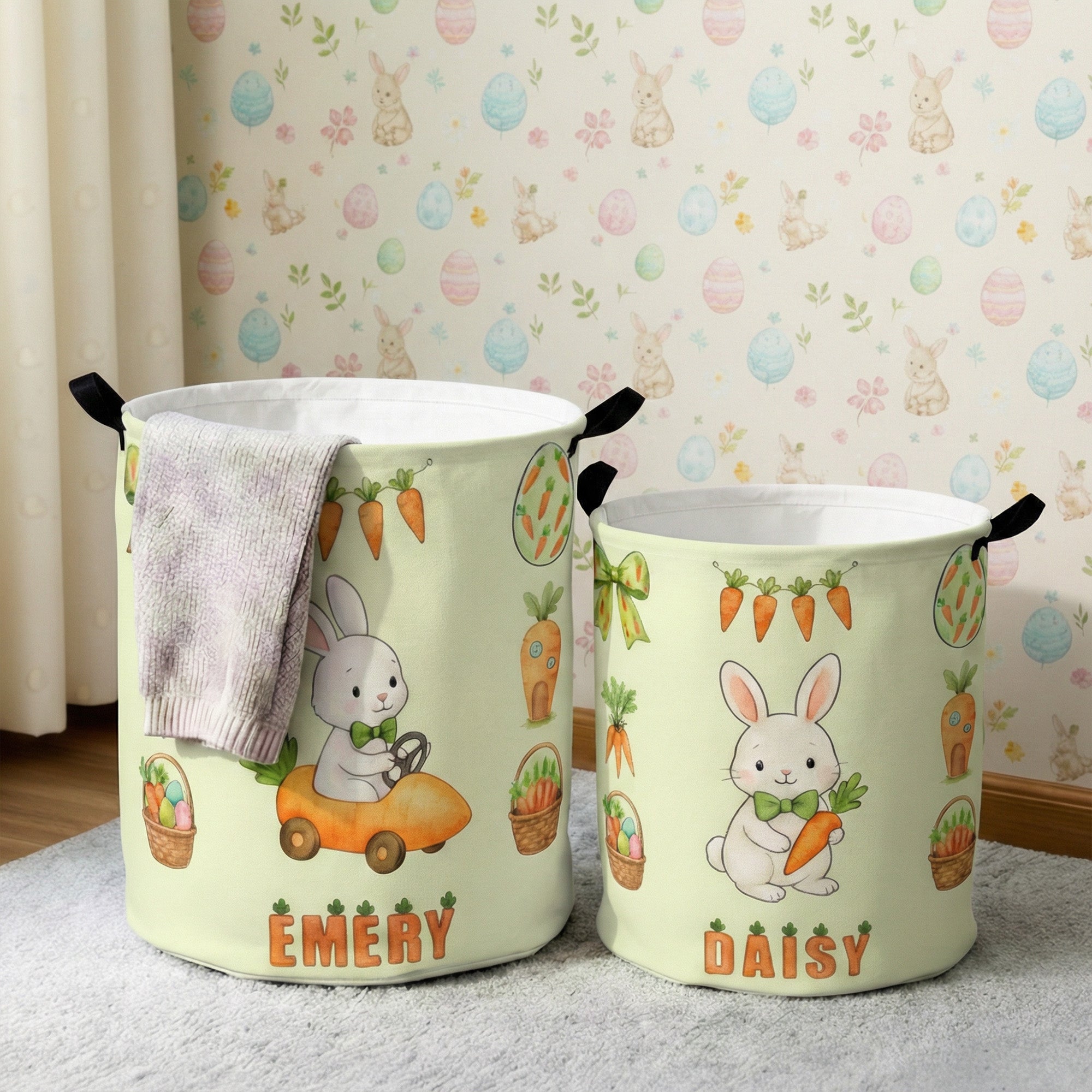 Cesto de la ropa personalizado con forma de conejo y zanahoria con nombre y asa Decoración del hogar Uso diario Regalo de Pascua para niños