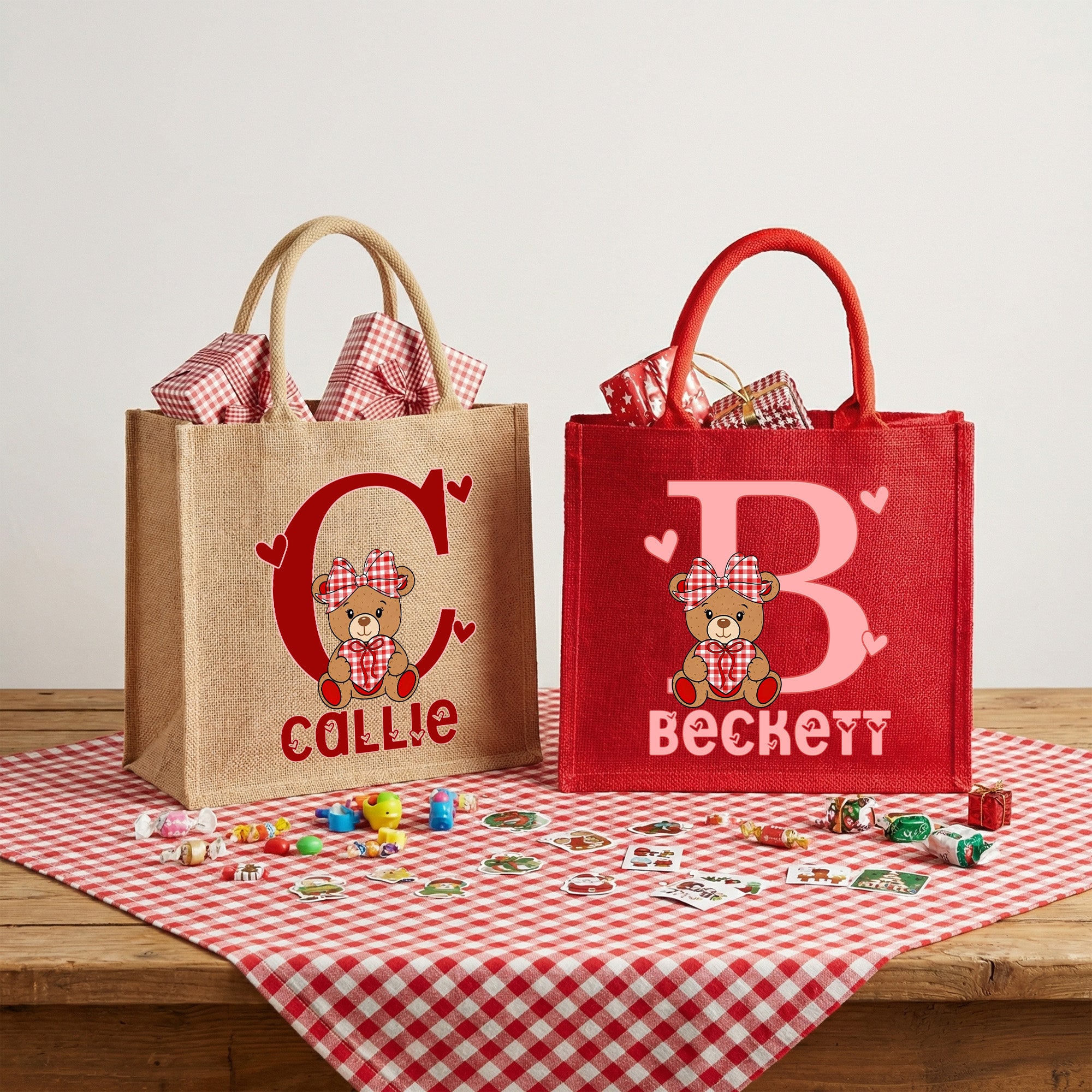 Bolsa de yute grande con nombre para uso diario Día de San Valentín Regalo de cumpleaños para parejas Niños