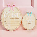 Coquette personalizado arco de madera ovalada señal de anuncio de bebé con nombre y nacimiento Stats Baby Shower regalo para los recién nacidos que esperan los padres