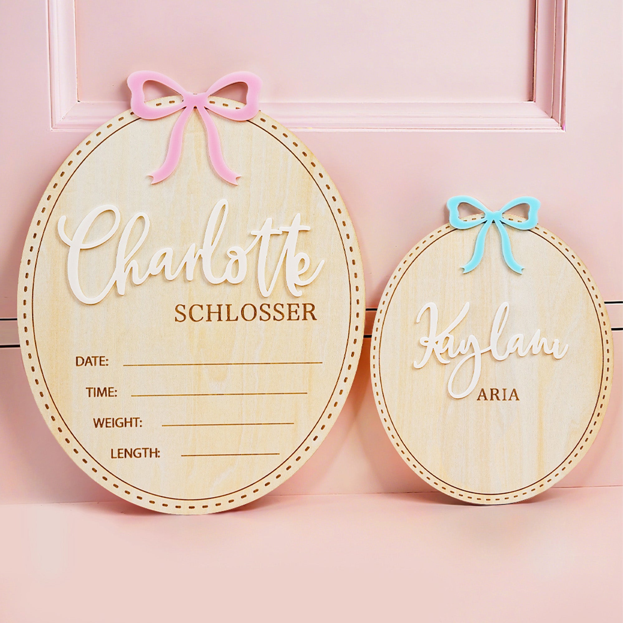 Coquette personalizado arco de madera ovalada señal de anuncio de bebé con nombre y nacimiento Stats Baby Shower regalo para los recién nacidos que esperan los padres