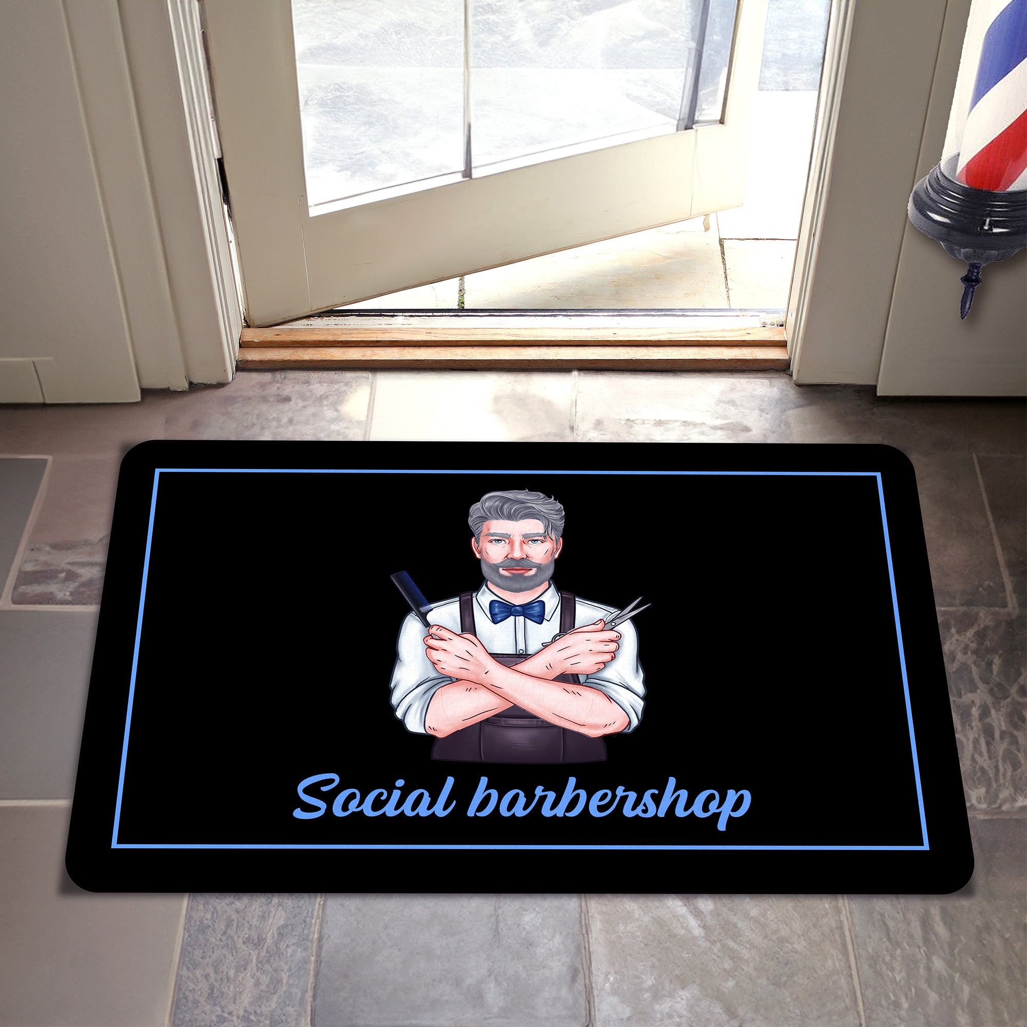 Personalizado Peluquería de dibujos animados multicolor antideslizante alfombra de la puerta con el texto Peluquería Accesorios de apertura de cumpleaños de regalo para los hombres peluquería