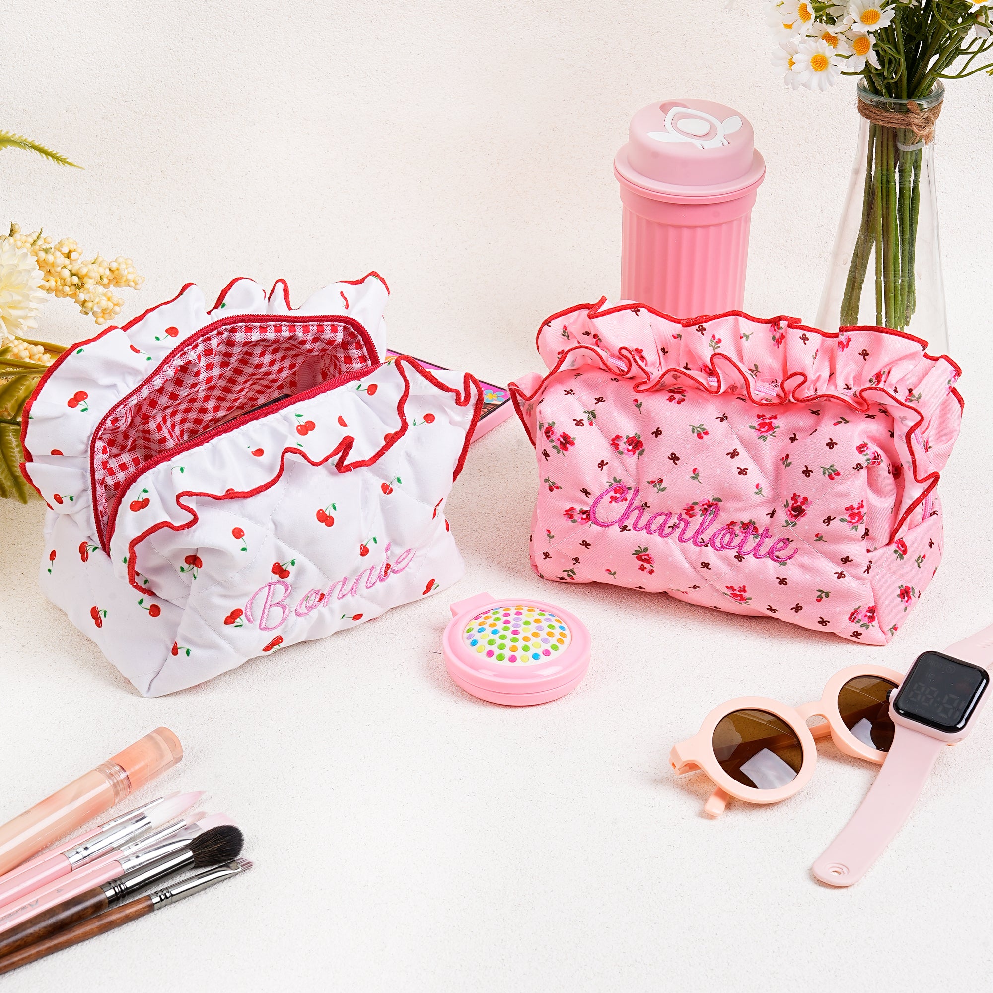 Bordado de flores personalizado Nombre Bolsa de maquillaje Cumpleaños Regalo de boda para damas de honor Amigos
