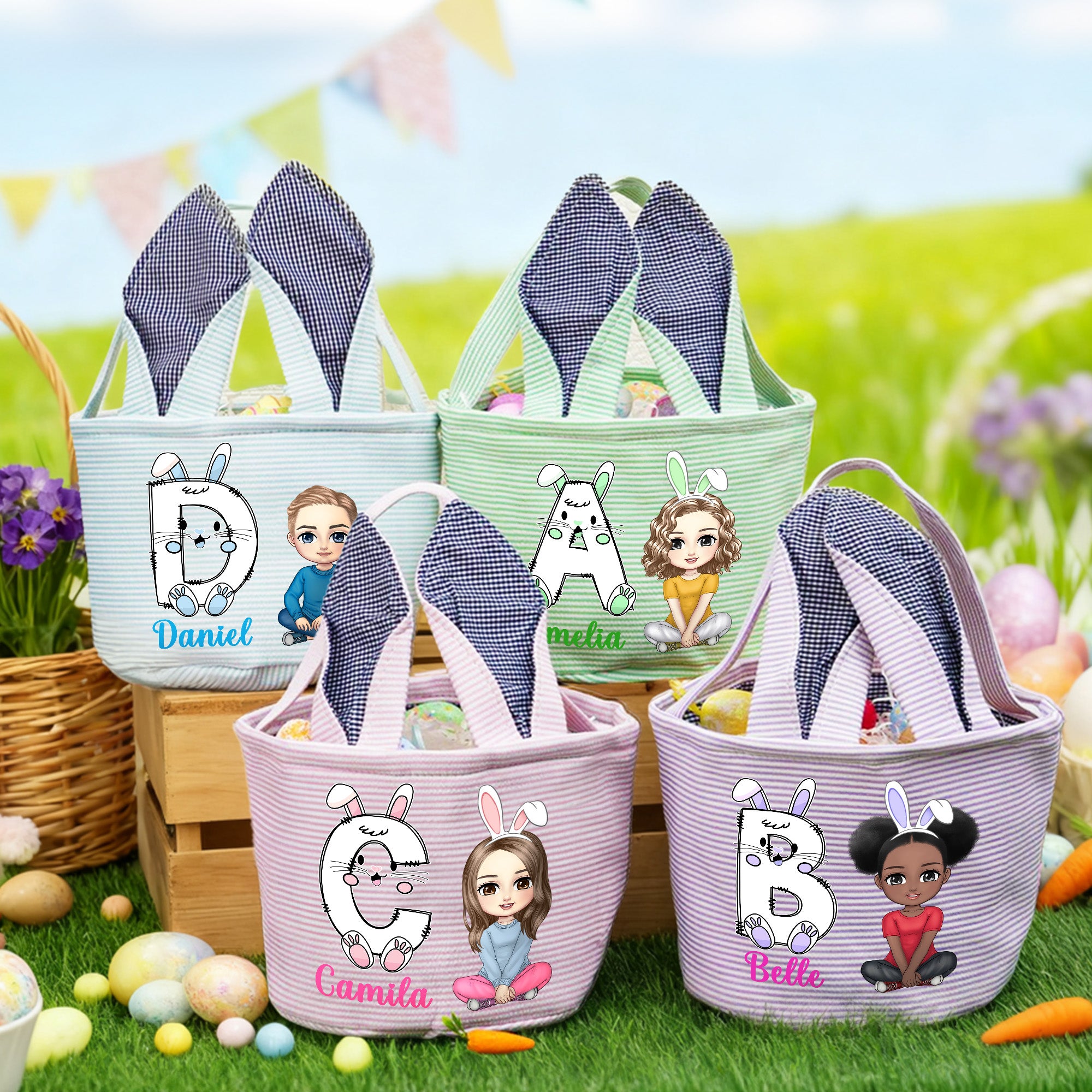 Cesta de lona a rayas personalizada con nombre e inicial Personaje de dibujos animados Huevos de Pascua para regalar a los niños