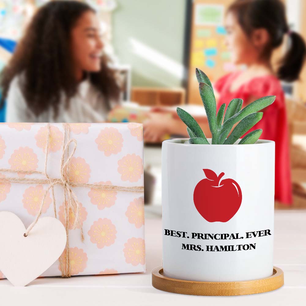 Lápiz de Manzana Personalizado Icono de la Sabiduría Maceta de Cerámica con Texto y Bandeja de Bambú Decoración de Escritorio de Oficina Semana de Agradecimiento Regalo del Día del Profesor para Profe