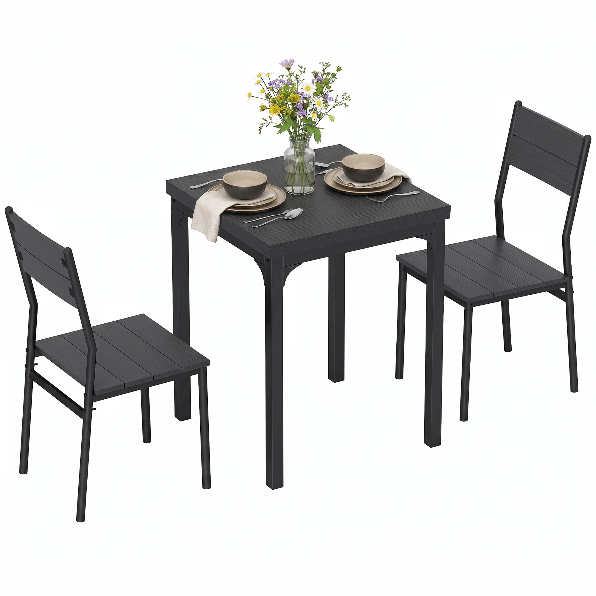 3-Piece Modern Dining Set for 2, Space-Saving with Steel Legs, Black Wood Effect