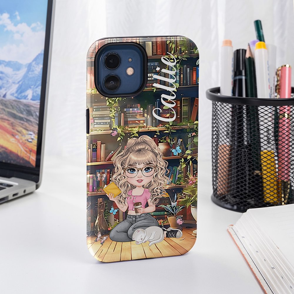 Personalizada mariposa estantería de lectura de dibujos animados personaje del teléfono caso para el iPhone o Samsung con el nombre de cumpleaños Aniversario de regalo para la familia amigo