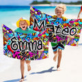 Toalla de playa personalizada con diseño de graffiti de gran tamaño y secado rápido con nombre Fiesta en la playa Regalo de cumpleaños para niños amantes del graffiti