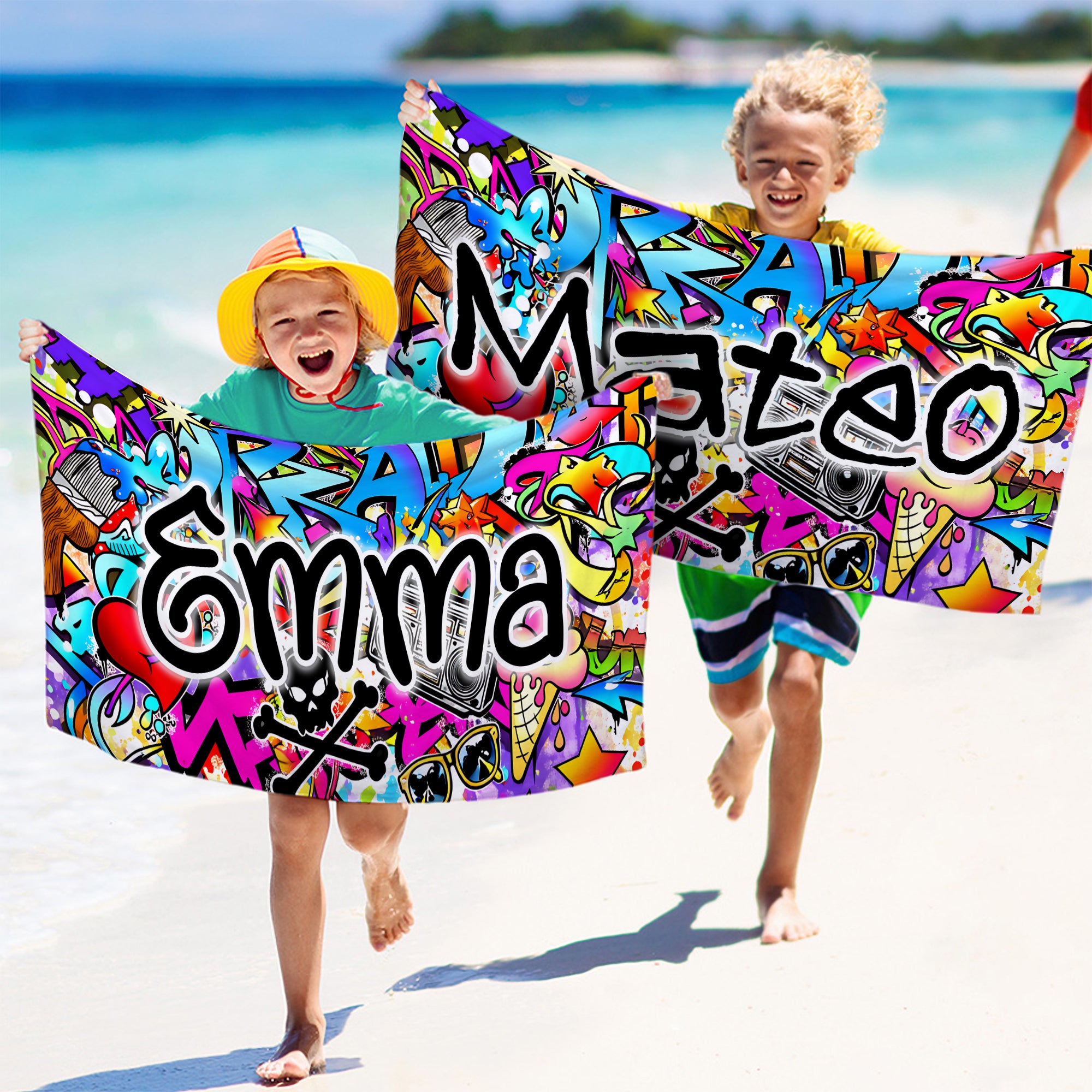 Toalla de playa personalizada con diseño de graffiti de gran tamaño y secado rápido con nombre Fiesta en la playa Regalo de cumpleaños para niños amantes del graffiti