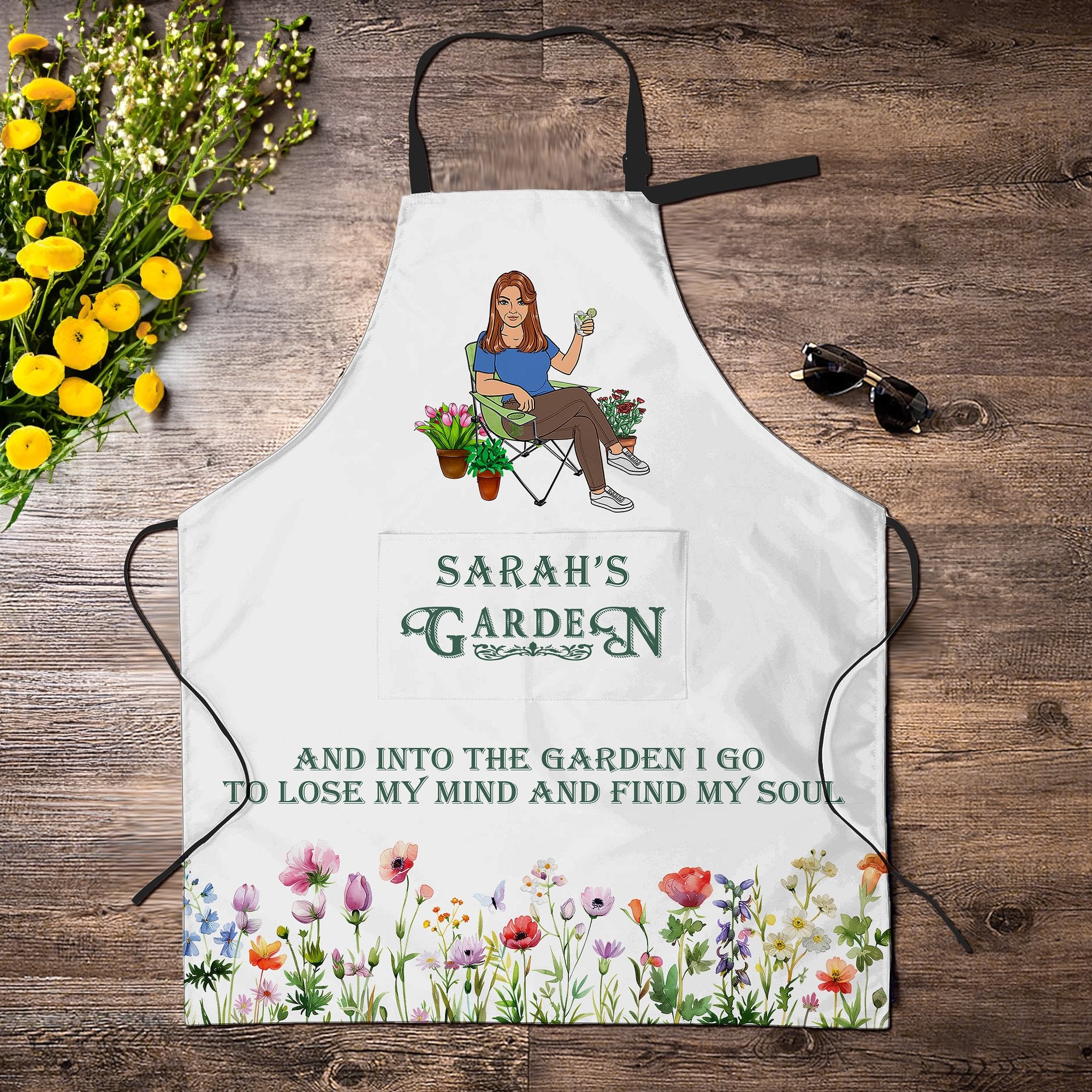 Delantal ajustable con nombre y bolsillo delantero Personalizado Retro Gardening Cartoon Character Regalo de cumpleaños para mujeres Hombres
