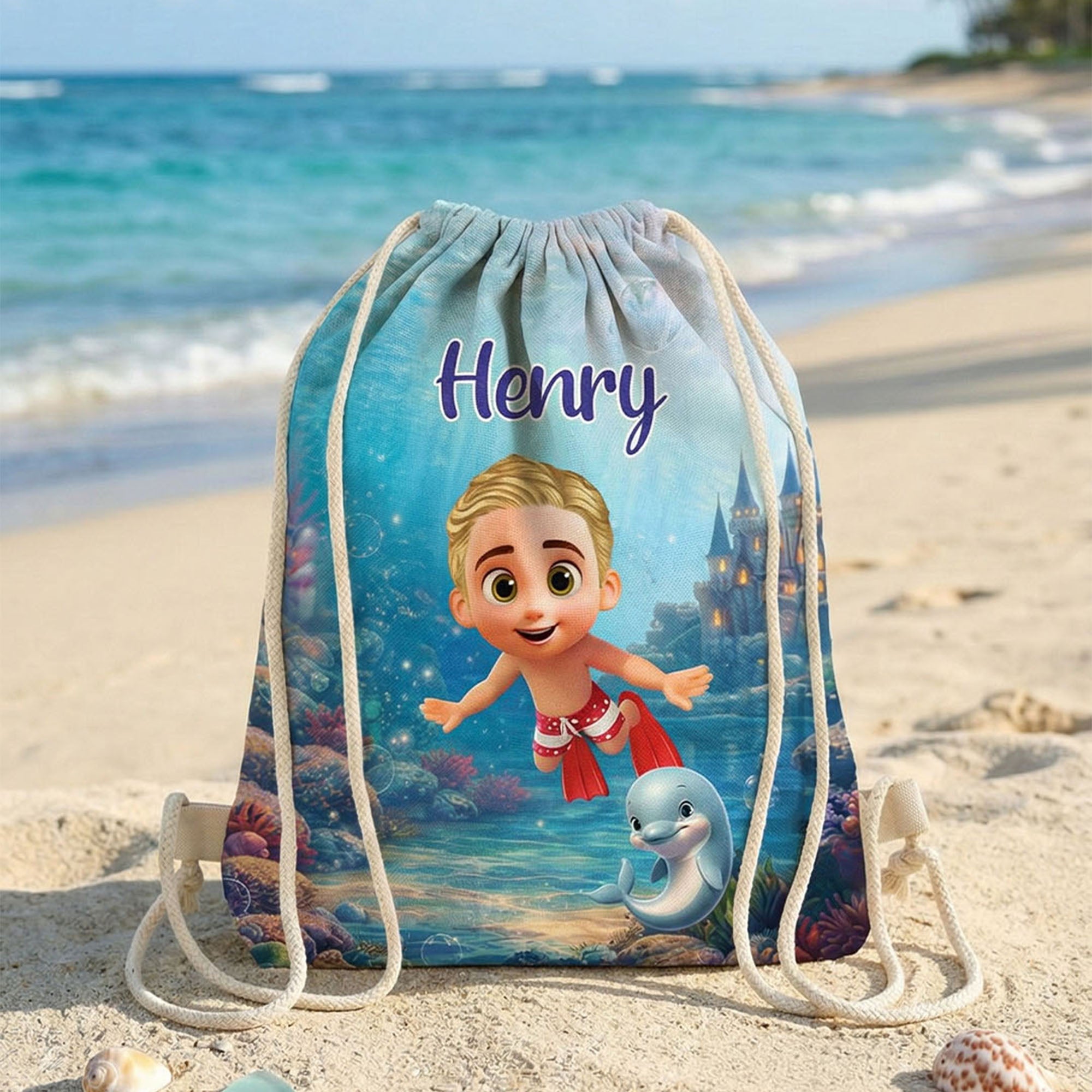 Mochila de playa con cordón personalizada con el nombre de un simpático personaje marino en 3D para fiestas de cumpleaños de niños y adultos
