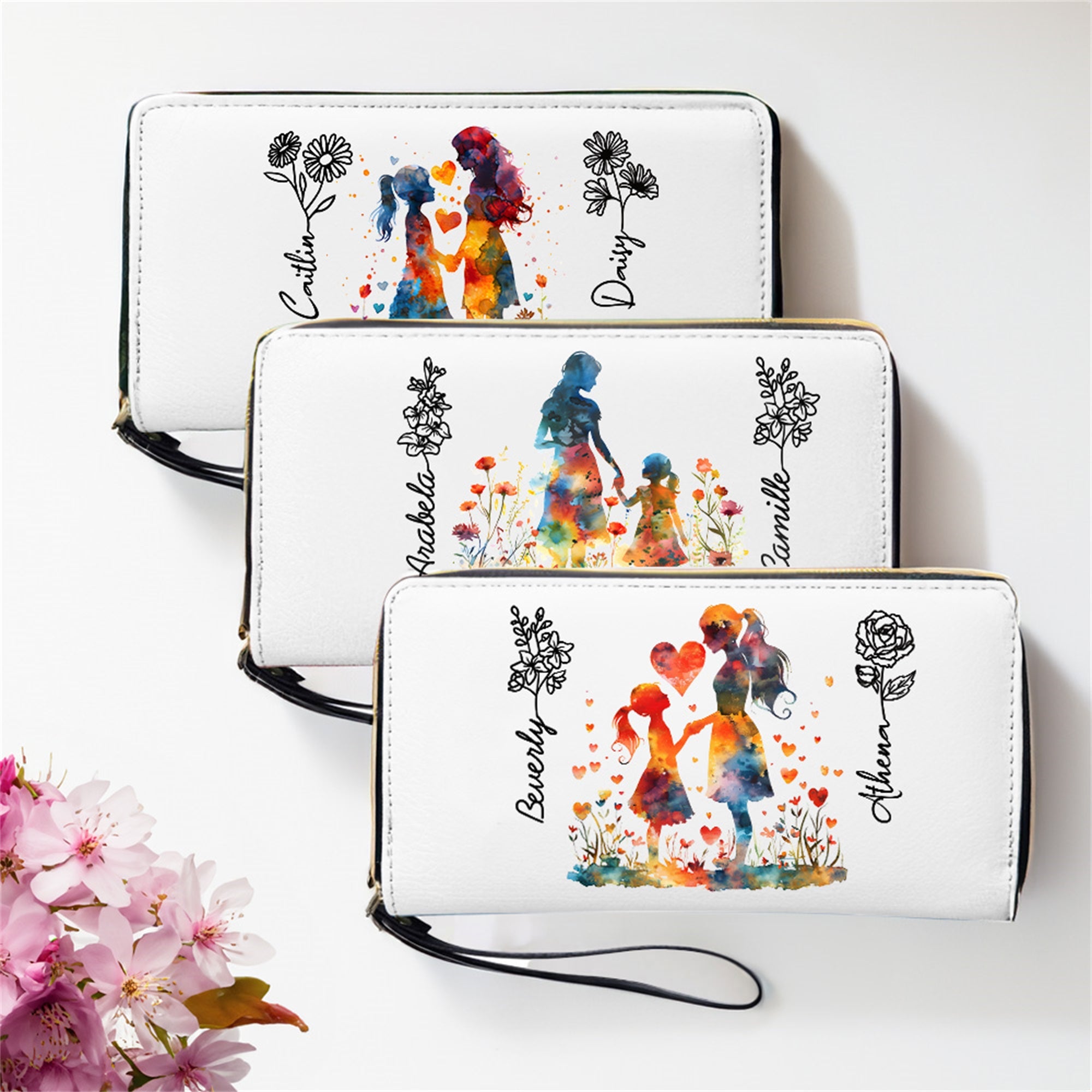 Personalizado colorido mamá hija silueta billetera con nombre y nacimiento flor Día de la Madre cumpleaños regalo para mamá abuela