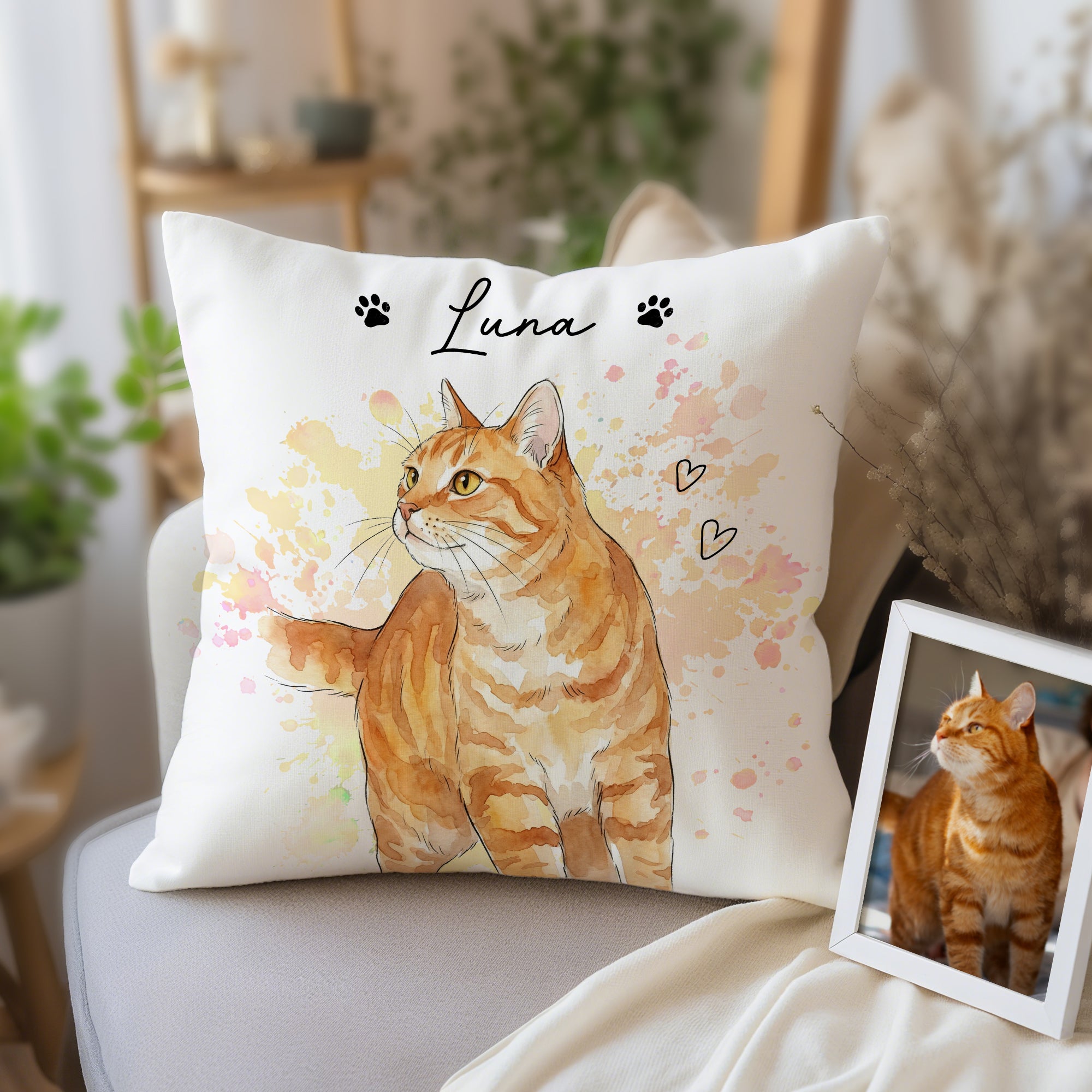 Personalizada acuarela mascota foto corazón pata impresión suave almohada cubierta con nombre adopción aniversario cumpleaños regalo para gato perro mascota propietario