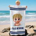 Toalla de playa de gran tamaño de secado rápido personalizada con el nombre de un simpático personaje de natación de dibujos animados en 3D.