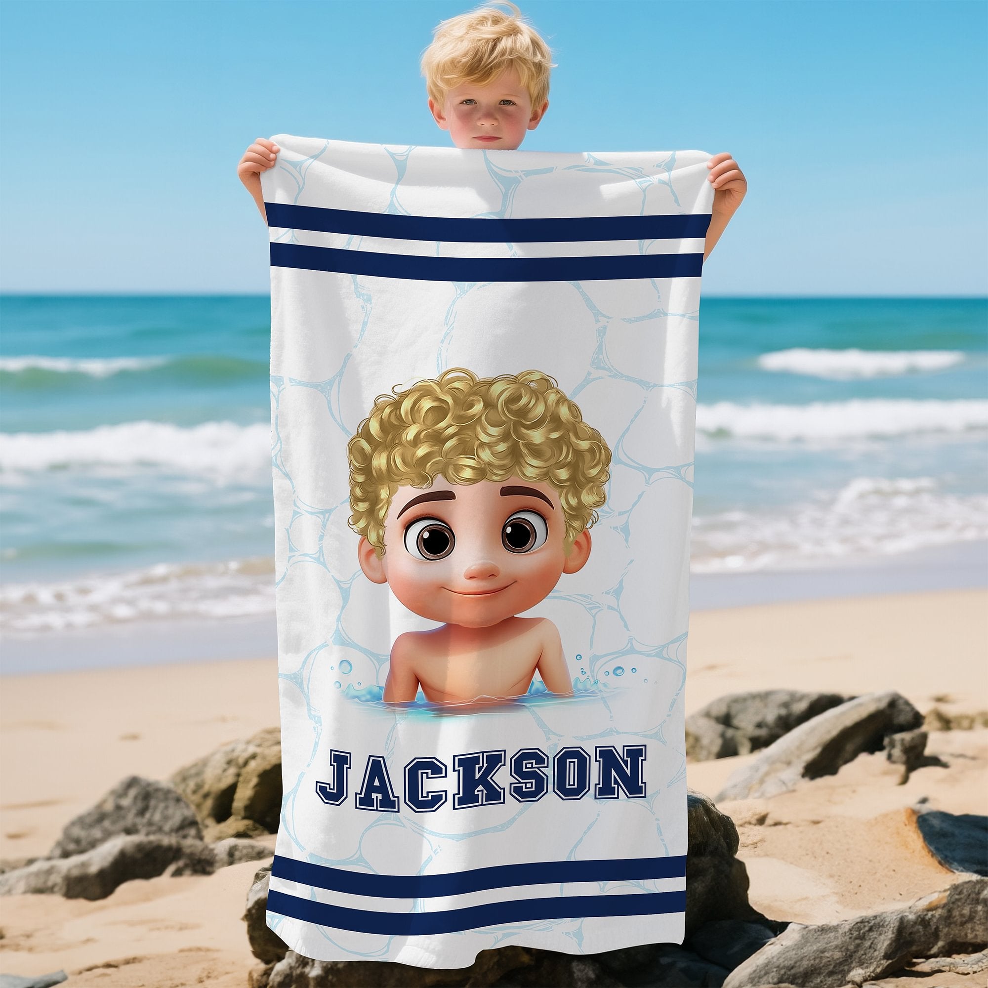 Toalla de playa de gran tamaño de secado rápido personalizada con el nombre de un simpático personaje de natación de dibujos animados en 3D.