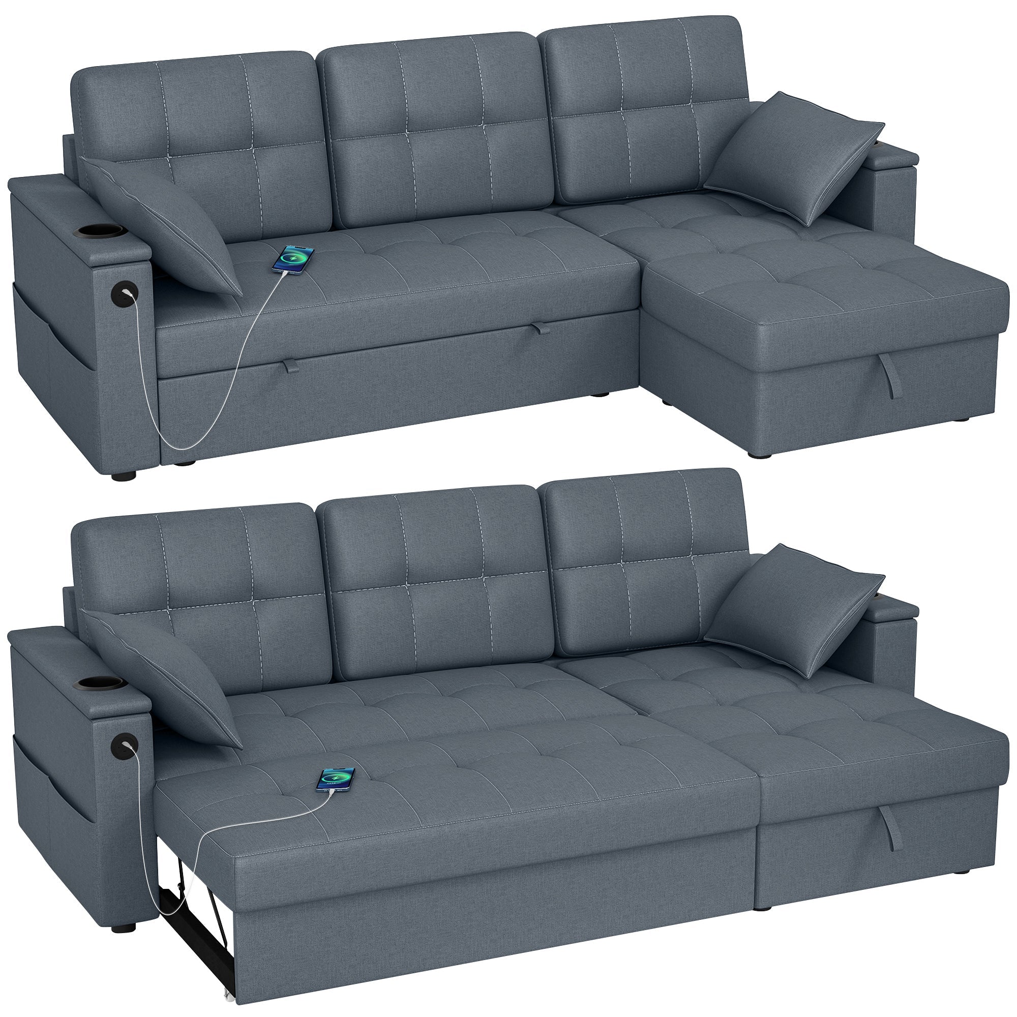 85" Convertible Pull-Out Sofa Bed with Built-In USB Ports, Dark Grey