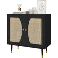 Boho Sideboard with Rattan Doors Adjustable Shelf Coffee Bar Cabinet, Black
