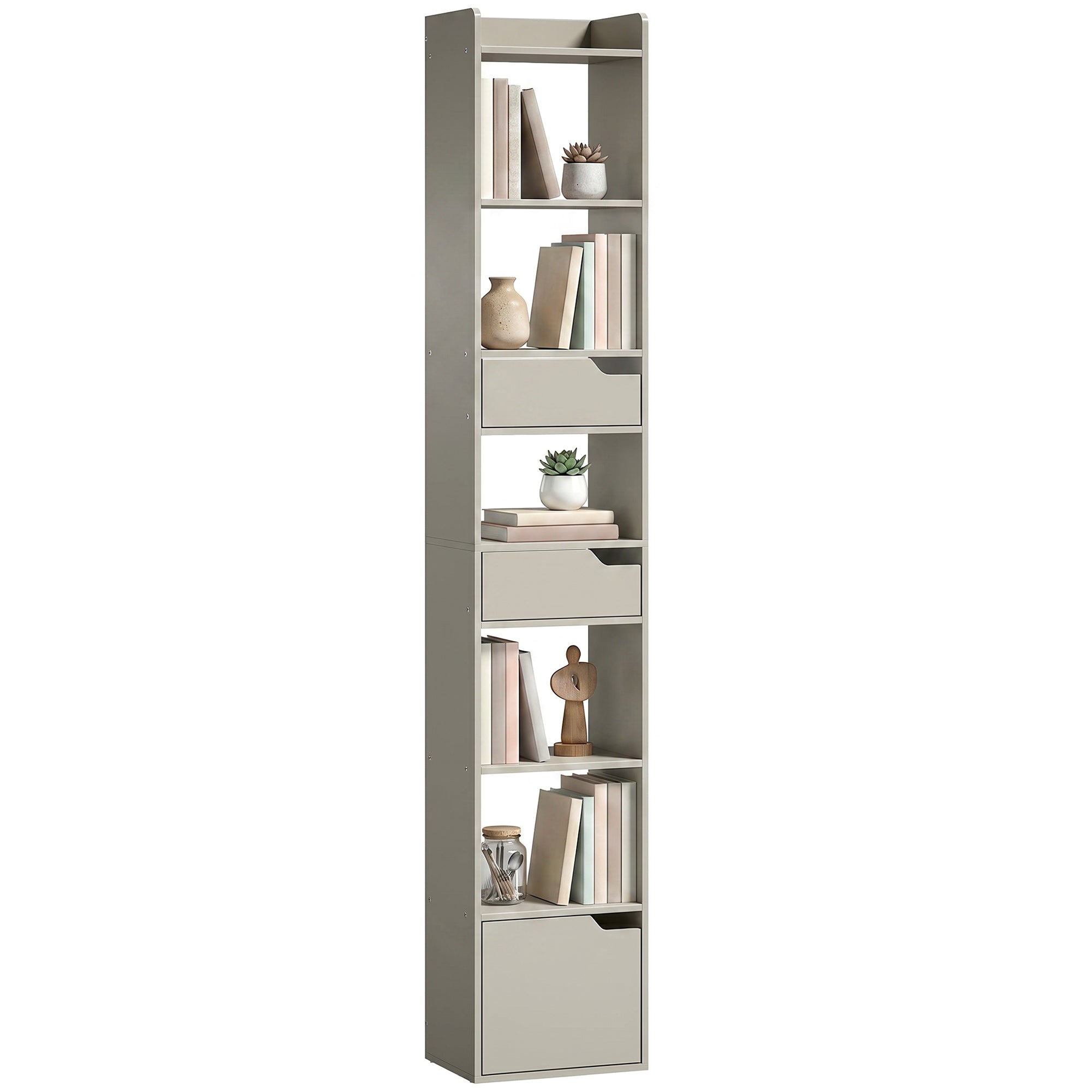5-Tier Narrow Bookcase with Drawers & Cabinet, Anti-Tip for Living Room, Grey