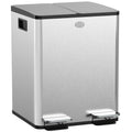 Dual Kitchen Bin, 2 x 20L Stainless Steel Double Rubbish Bin with Soft Close Lid, Silver