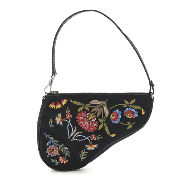 Christian Dior Satin Embroidered Floral Mini Saddle Pochette Bag Black