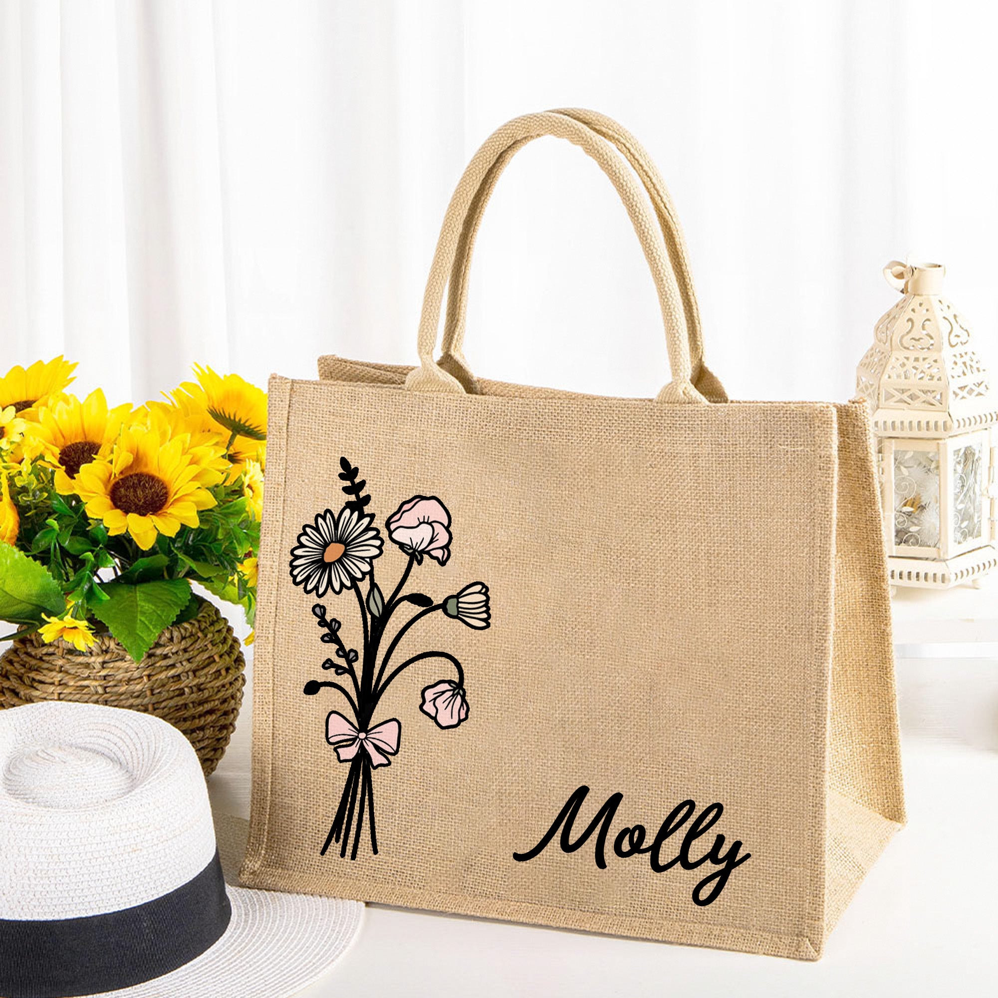 Acuarela Personalizada Nacimiento Flor Ramo Grande Bolsa de Yute con Nombre Dama de honor Día de la Madre Cumpleaños de regalo para las mujeres