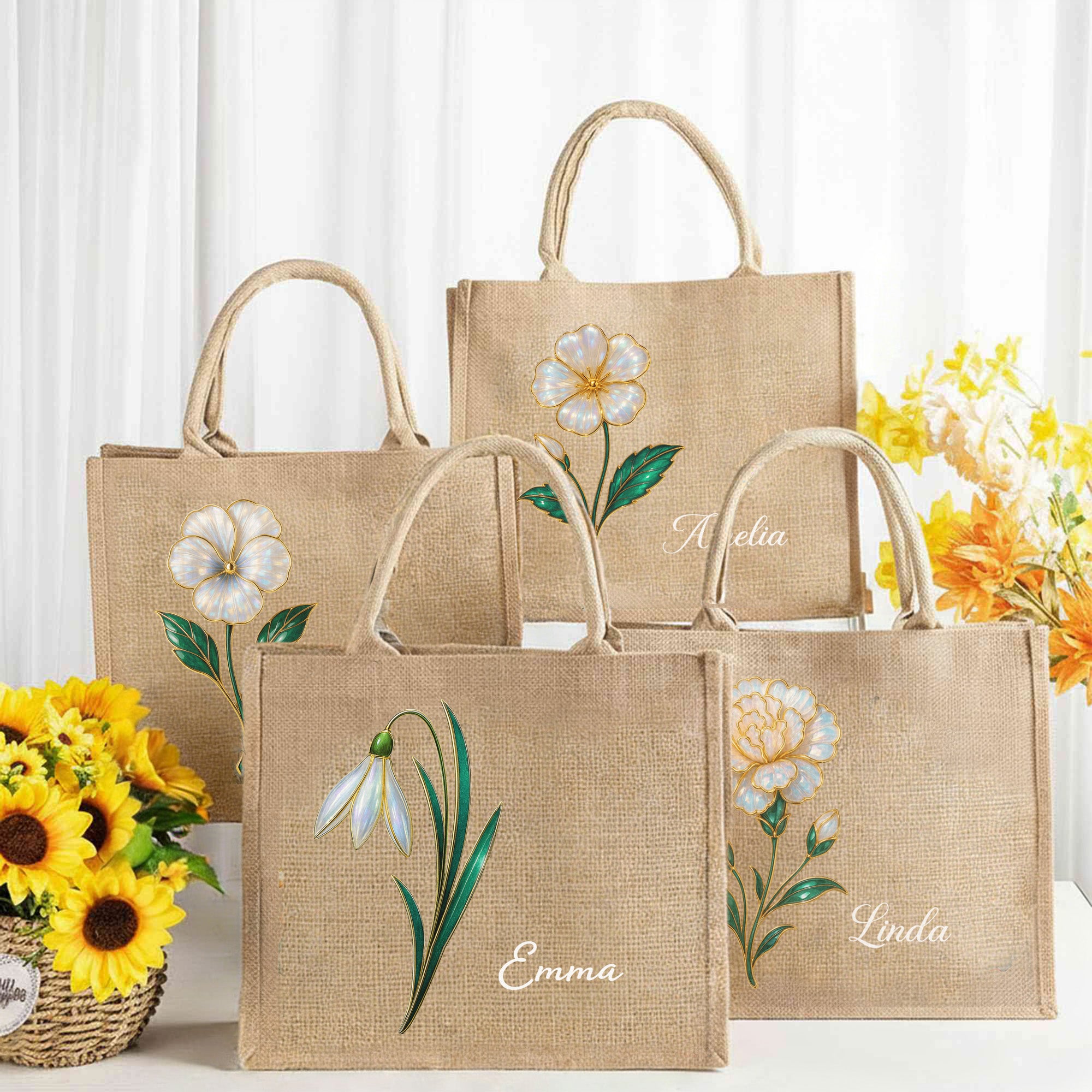 Personalizada Efecto Perla Nacimiento Flor Bolsa de Yute Tote Grande con Nombre Viaje Esencial Cumpleaños Aniversario Regalo para Mujer