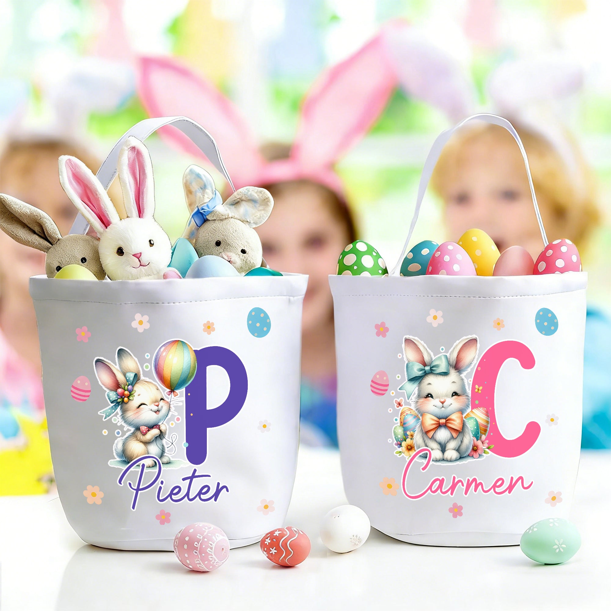 Personalizado lindo conejo de Pascua Huevos Flor Inicial Cesta de Pascua con Nombre Día de Pascua Huevos Caza Fiesta Regalo para los niños