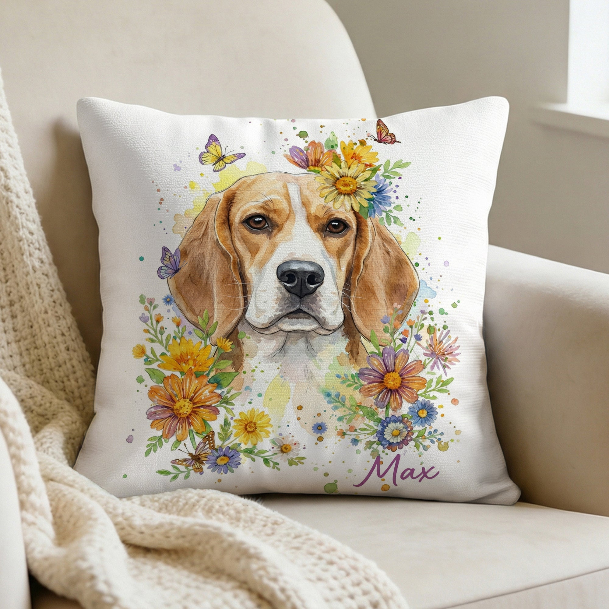 Flores de acuarela personalizadas Foto de mascota Suave Funda de almohada con nombre Decoración para el hogar Pérdida de mascota Cumpleaños Regalo para el dueño de mascota Amante