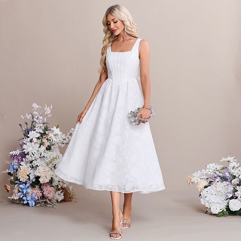 Bridal Wedding Dress White Sleeveless Short Square A-line Chiffon