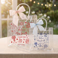 Elementos personalizados de la boda lindo arco transparente bolsa de regalo con el año de texto y el nombre de la boda del partido de regalo para las damas de honor recién casados