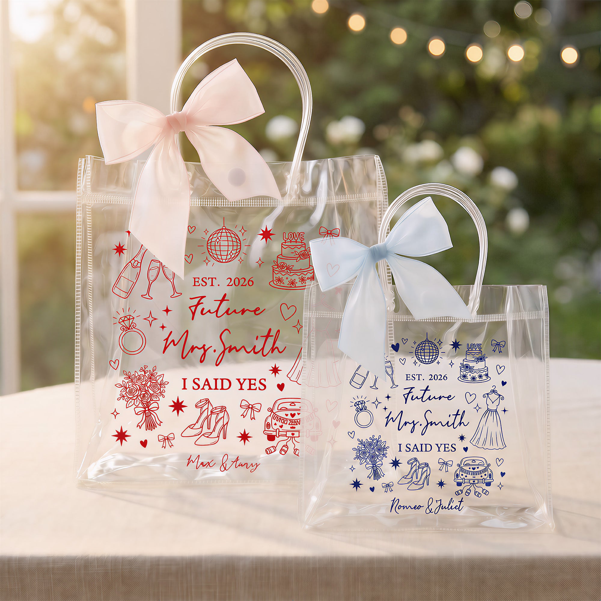 Elementos personalizados de la boda lindo arco transparente bolsa de regalo con el año de texto y el nombre de la boda del partido de regalo para las damas de honor recién casados
