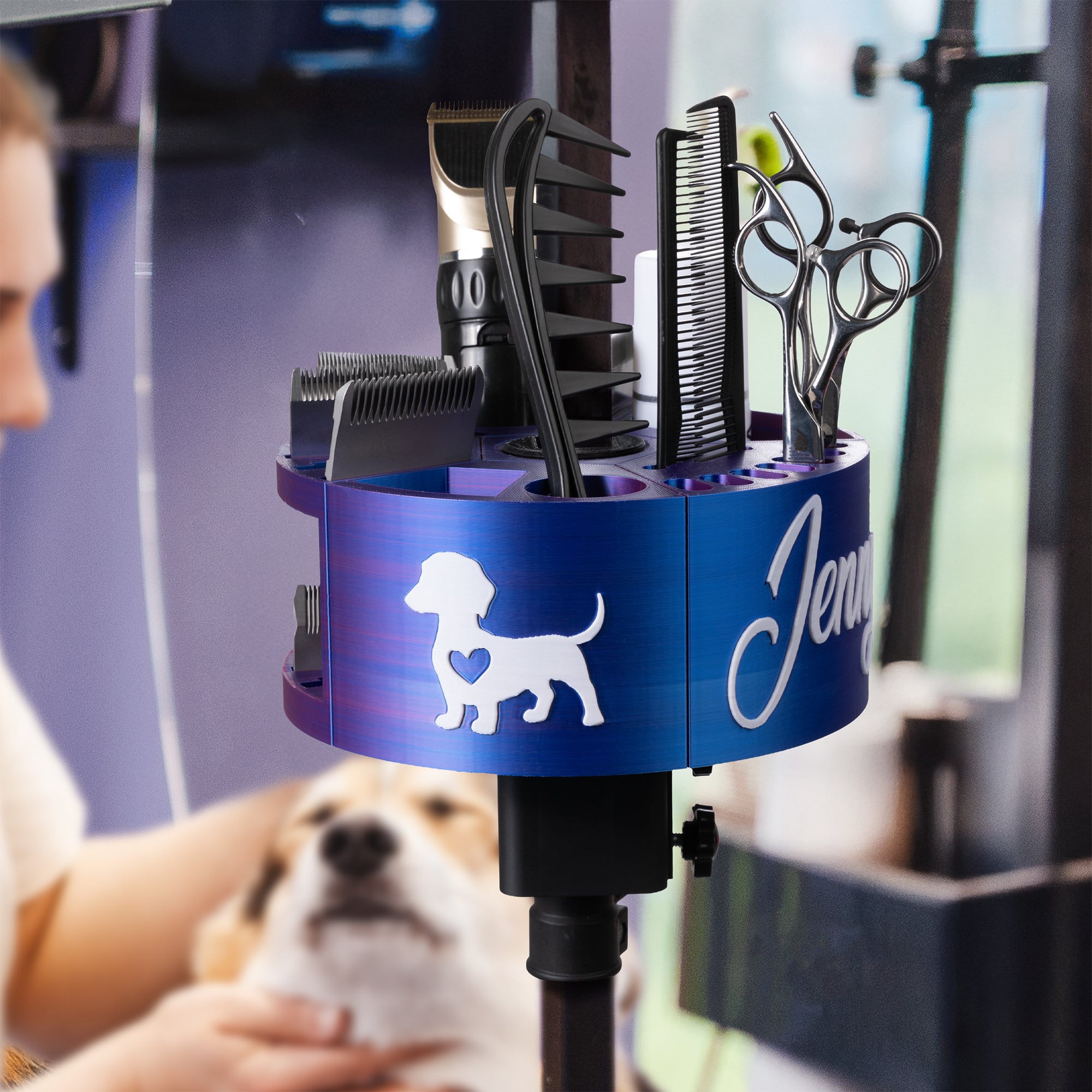 Soporte para herramientas de peluquería de mascotas personalizado con rotación de 360° para el brazo de la mesa Organizador de suministros de peluquería con impresión en 3D Gran regalo de inauguración