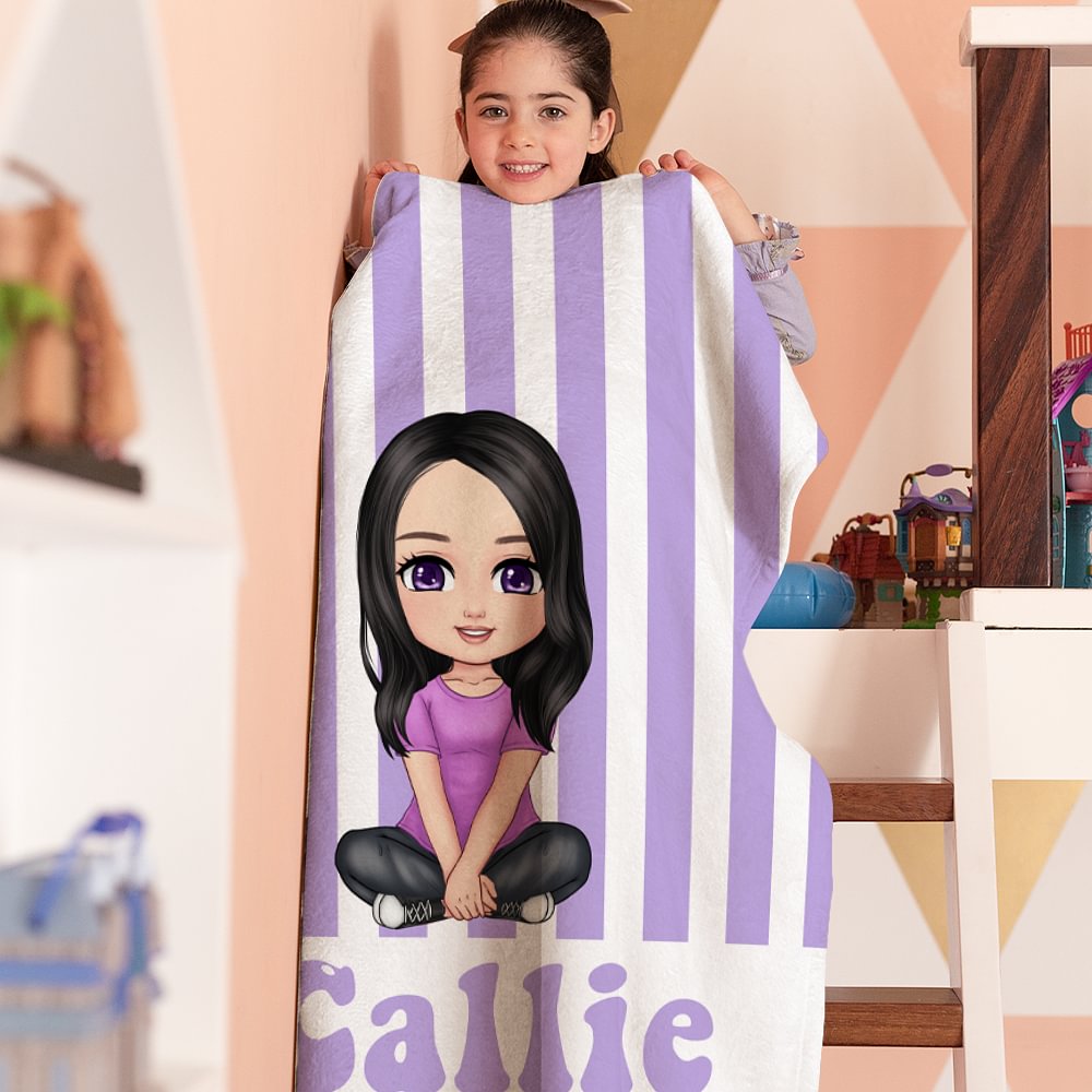 Suave manta de rayas personalizada con el nombre del personaje de dibujos animados Decoración del hogar Regalo de cumpleaños para niños Niñas Familia