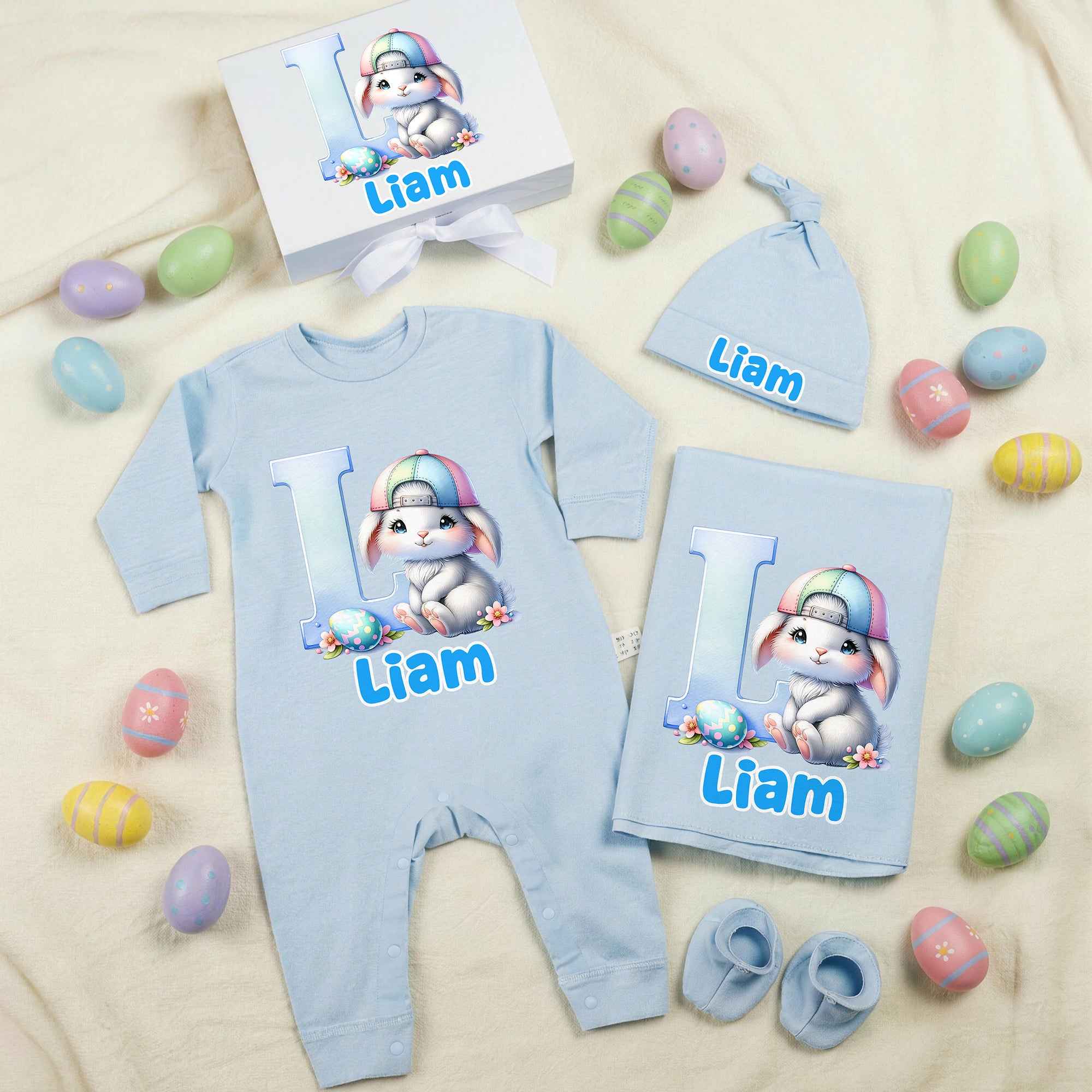 Conejito de Pascua personalizado 100% algodón bebé Romper sombrero manta traje con caja de regalo y el nombre de Pascua regalo de cumpleaños para el recién nacido