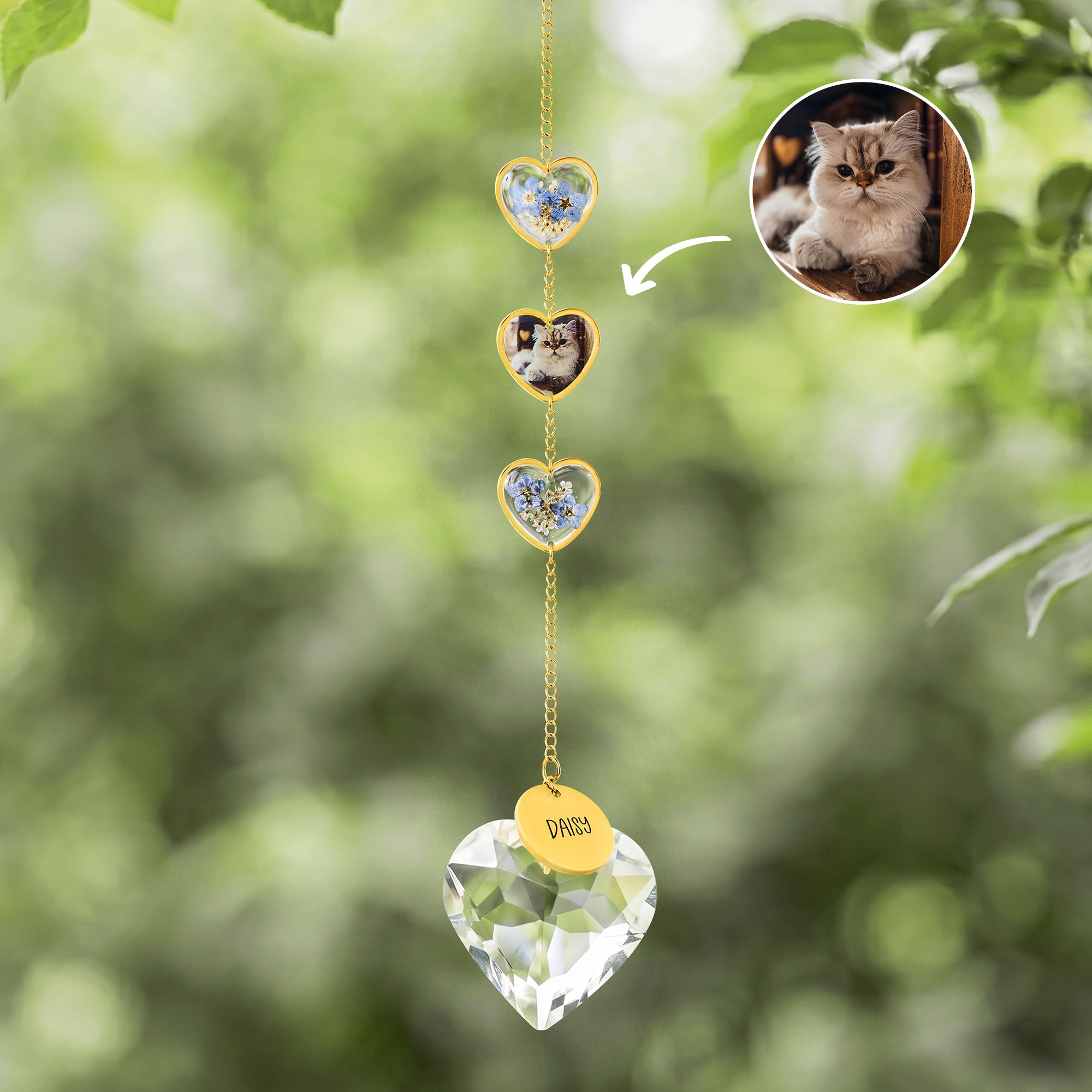Personalizado Forget-Me-Not Foto Corazón Cristal Mascota Memorial Wind Chimes con Nombre Memorial Ornamento Simpatía Aniversario Regalo por la pérdida de la mascota