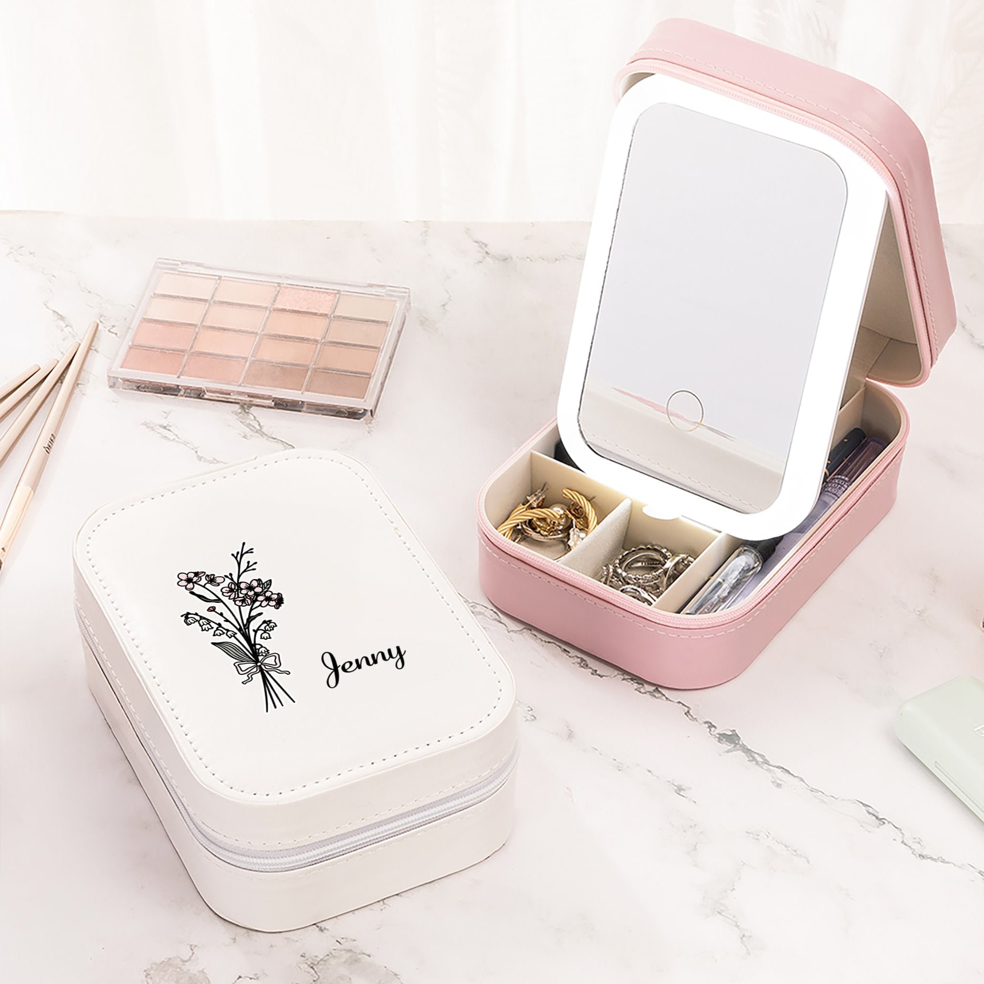 Personalizada Flor de Nacimiento PU Cuero LED Luz Joyero de Viaje con Nombre Regalo de Cumpleaños para Damas de Honor Hermanas