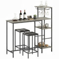 3 Piece Breakfast Bar Table and Stools Set, Dining Table with 4-tier shelving and Glasses Holders, 2 PU Leather Bar Stools with Footrest for Kitchen, Dining Room, Pub, Washed Grey