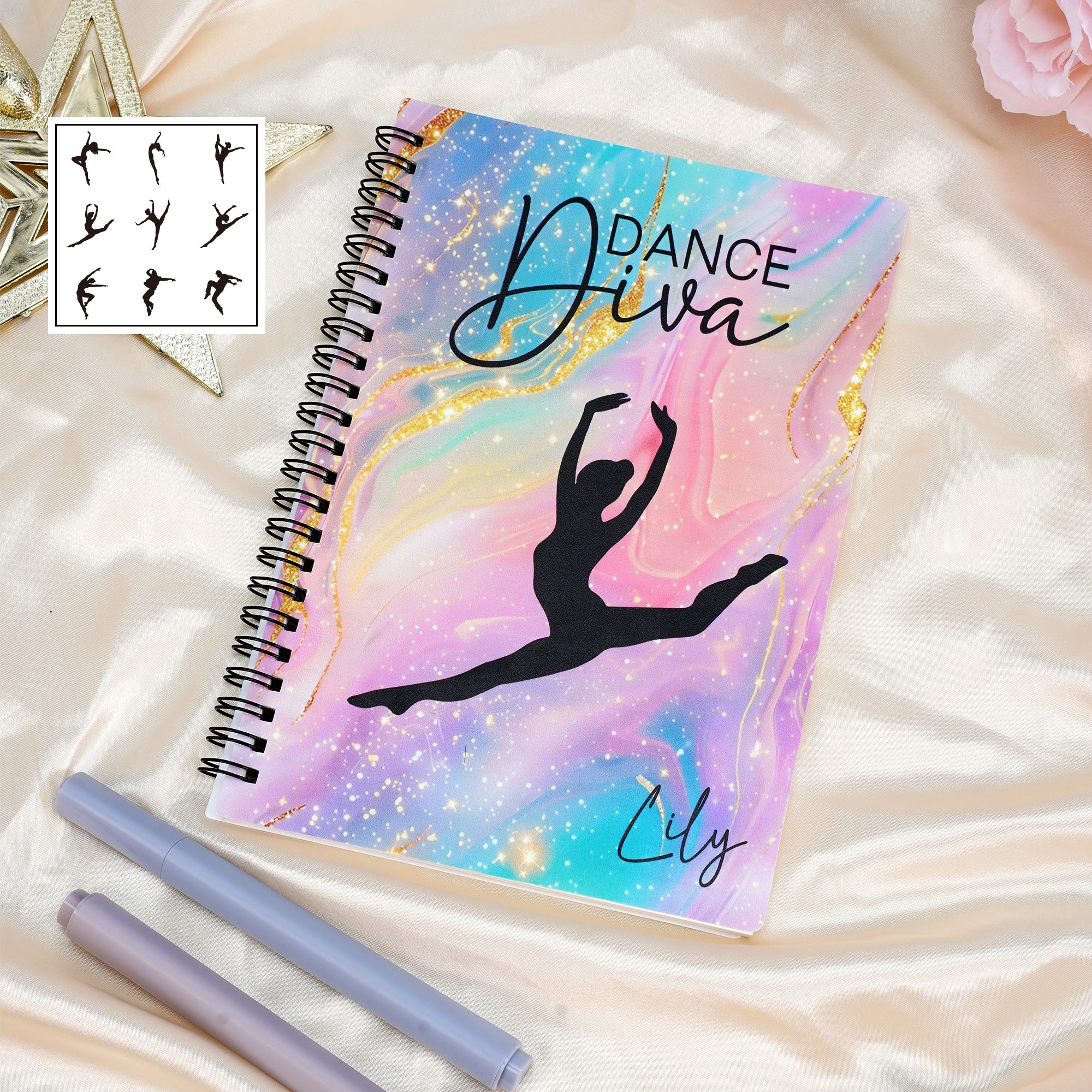 Cuaderno de espiral A5 personalizado con silueta de bailarina y nombre Inspirational Competition Day Back to School Regalo para bailarines Profesores de danza