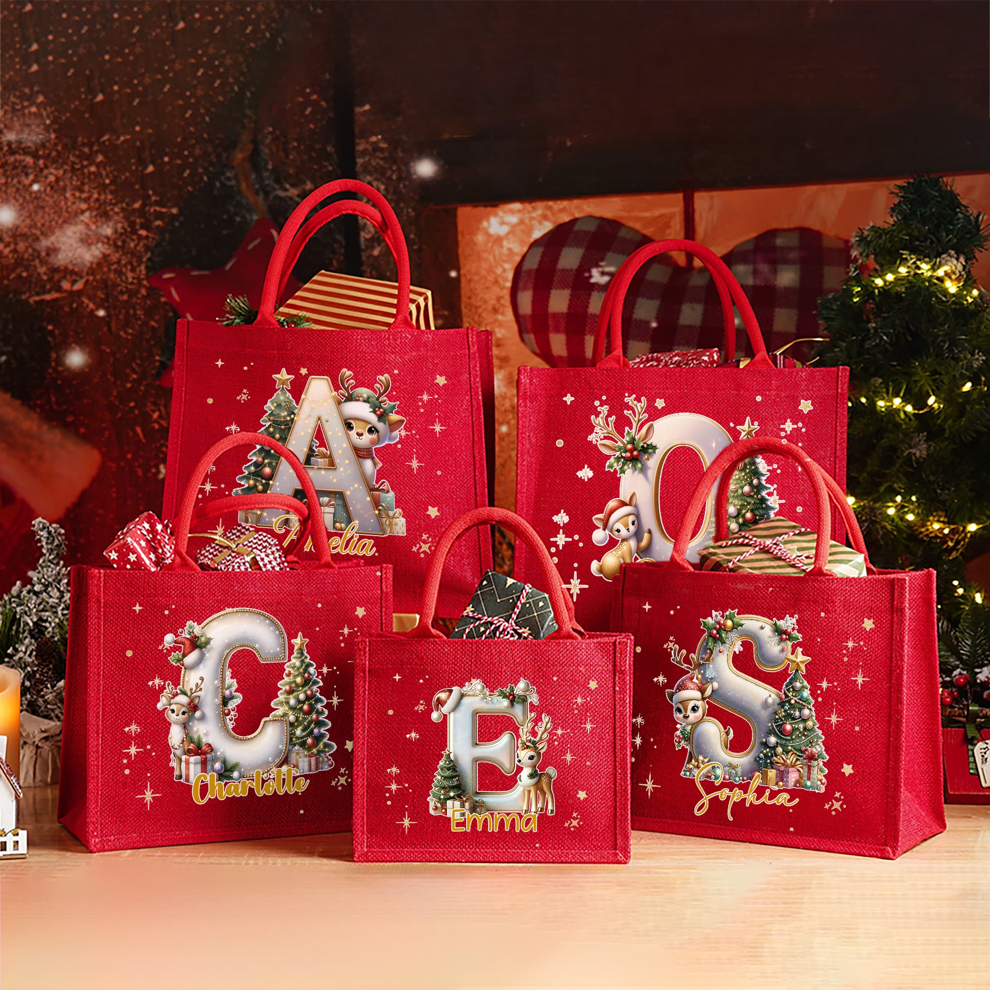 Bolsa de yute roja de gran capacidad con nombre para regalo de fiesta de Navidad para niños adultos