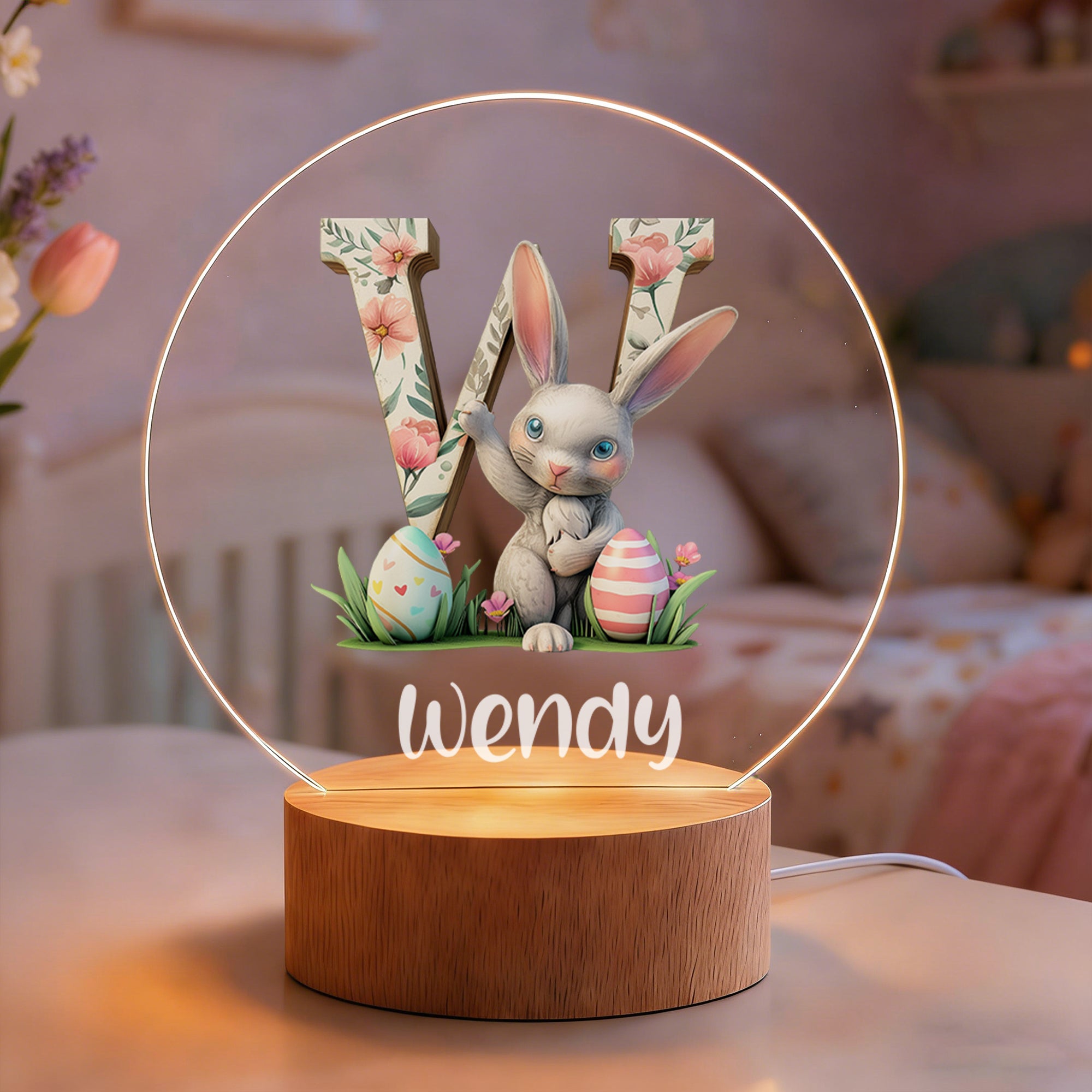 Conejito de Pascua Personalizado Flor Inicial LED Luz de Noche con Nombre y Base de Madera Decoración de Habitación Cumpleaños Fiesta de Pascua Regalo para Niños