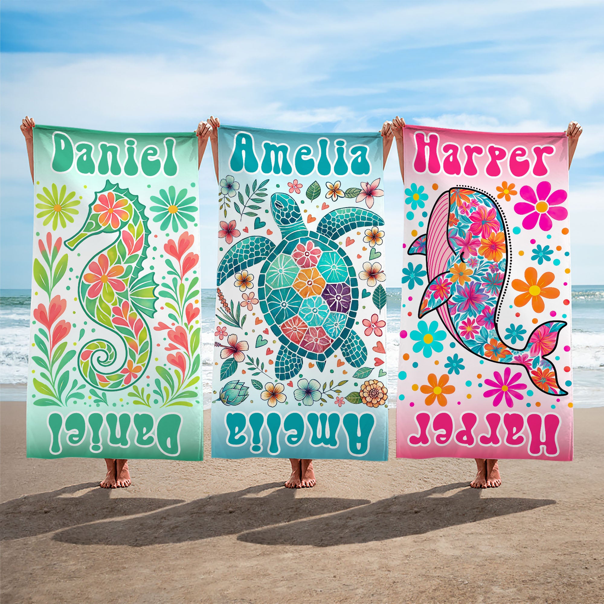 Personalizada Floral Tortuga Caballito de mar Ballena Delfín Secado rápido Toalla de playa con nombre Verano Vacaciones Accesorios Cumpleaños Regalo para la familia Amigo