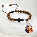 Personalizada Ojo de Tigre Negro Gallstone Ajustable Foto Proyección Cuentas Pulsera con Cruz Colgante Aniversario Cumpleaños Regalo para Cristianos Amigos