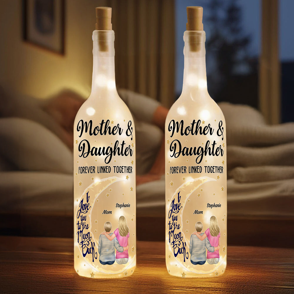 Luna personalizada de dibujos animados Mamá e hija unidas para siempre Lámpara LED para botella con nombre Decoración del hogar Día de la madre Cumpleaños Regalo para mamá Abuela