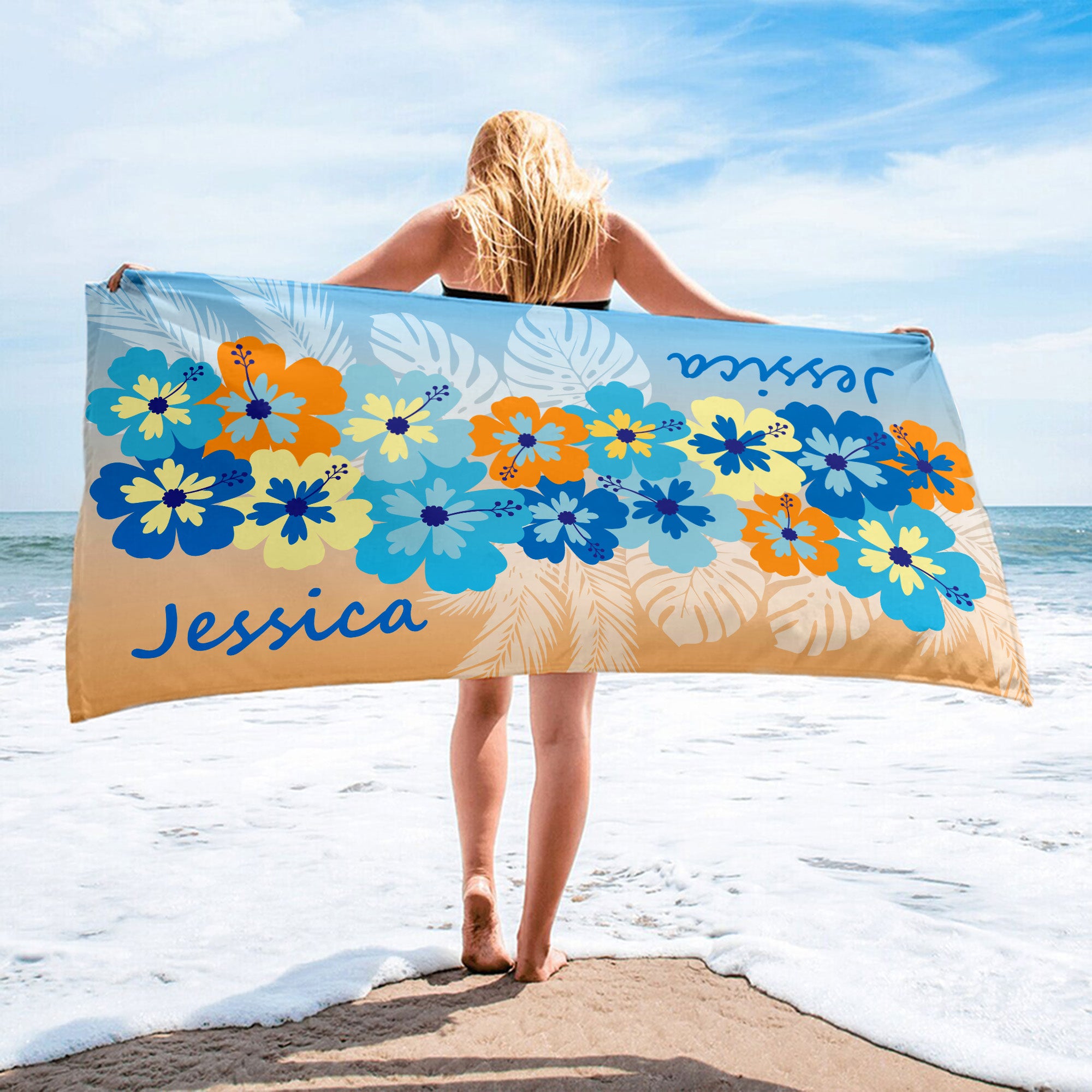 Toalla de playa de gran tamaño, de secado rápido, con flores tropicales personalizadas y nombres Esenciales de viaje Fiesta en la playa Regalo de vacaciones para amigos Mujeres