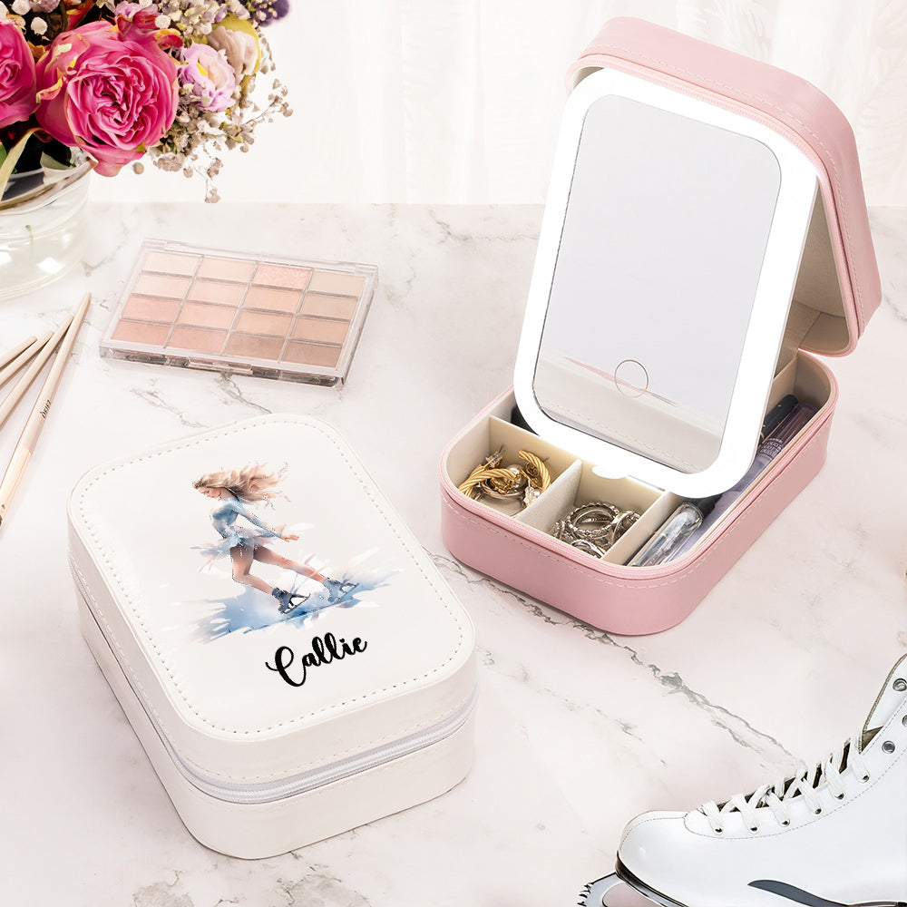 Personalizado de dibujos animados de patinaje Chica PU Joyero de cuero con nombre y LED de tres colores ajustable Espejo de maquillaje Regalo de cumpleaños para las mujeres niñas