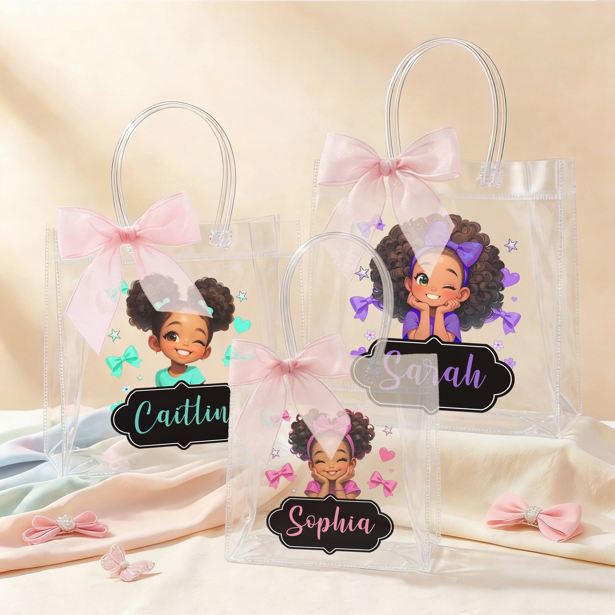 Bolsa de regalo transparente personalizada con nombre y lazo para niña de color negro