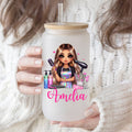 Personalizado con estilo de dibujos animados Barber Nombre 20 oz esmerilado claro vaso de cristal con tapa y pajita Salón de Apertura de regalo de cumpleaños para peluquería amigos