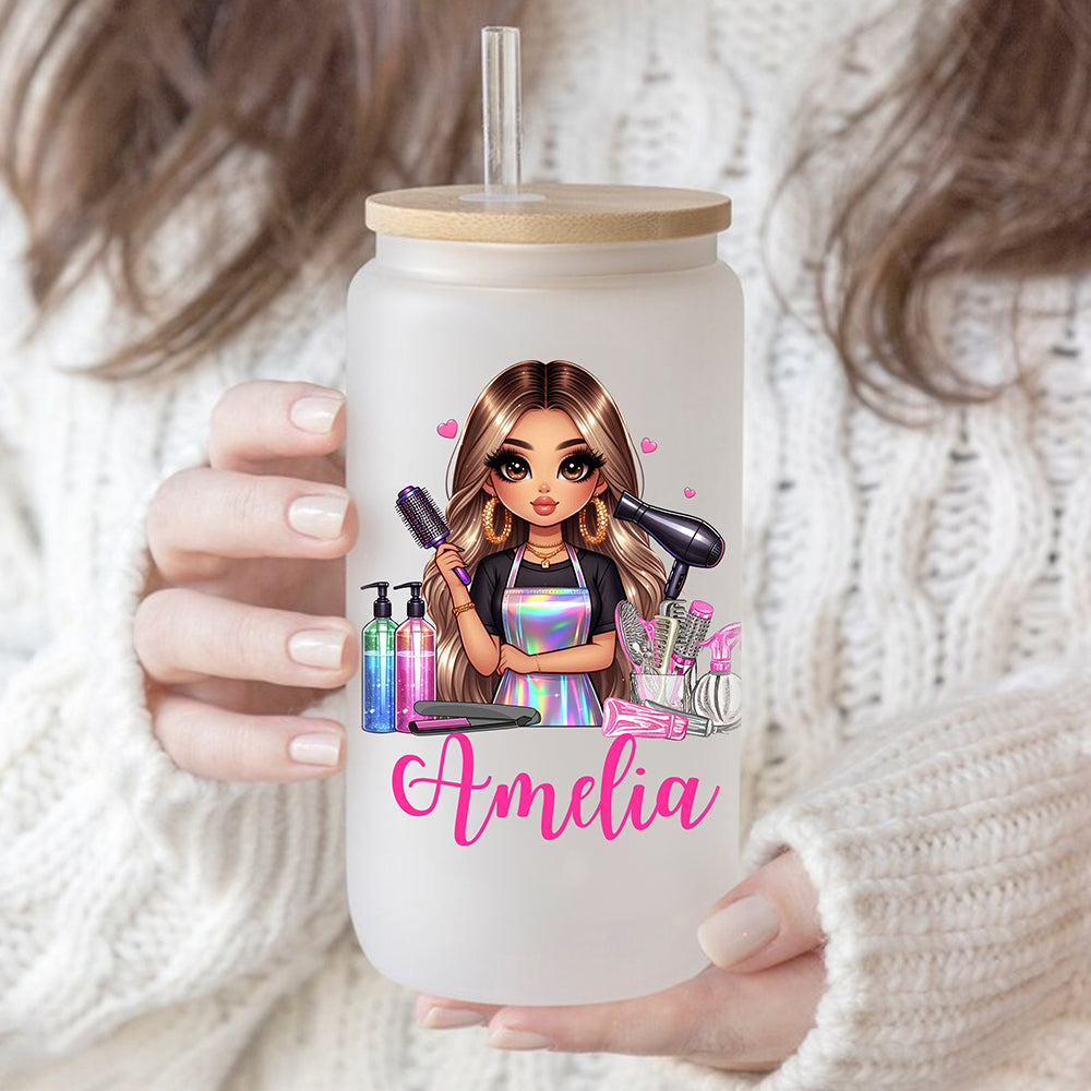 Personalizado con estilo de dibujos animados Barber Nombre 20 oz esmerilado claro vaso de cristal con tapa y pajita Salón de Apertura de regalo de cumpleaños para peluquería amigos