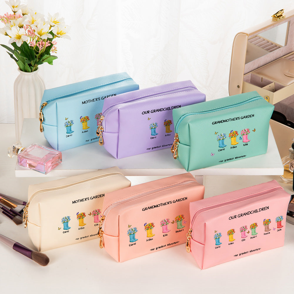 Personalizado Our Grandest Adventure 2-6 Botas Jardín Floral Bolsa de maquillaje de cuero PU con nombres Día de la Madre Regalo de cumpleaños para mamá Abuela