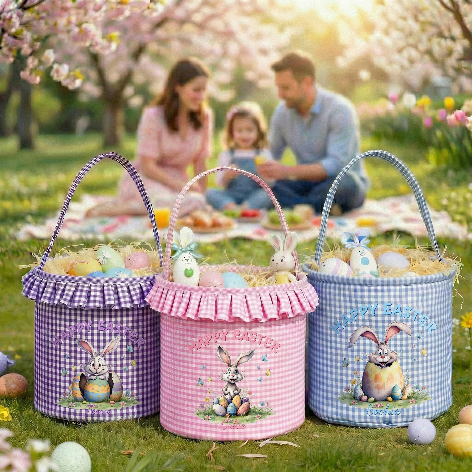 Cesta de huevos de Pascua personalizada con conejito de varios colores y nombre Almacenamiento diario Regalo de Pascua para niños Niñas